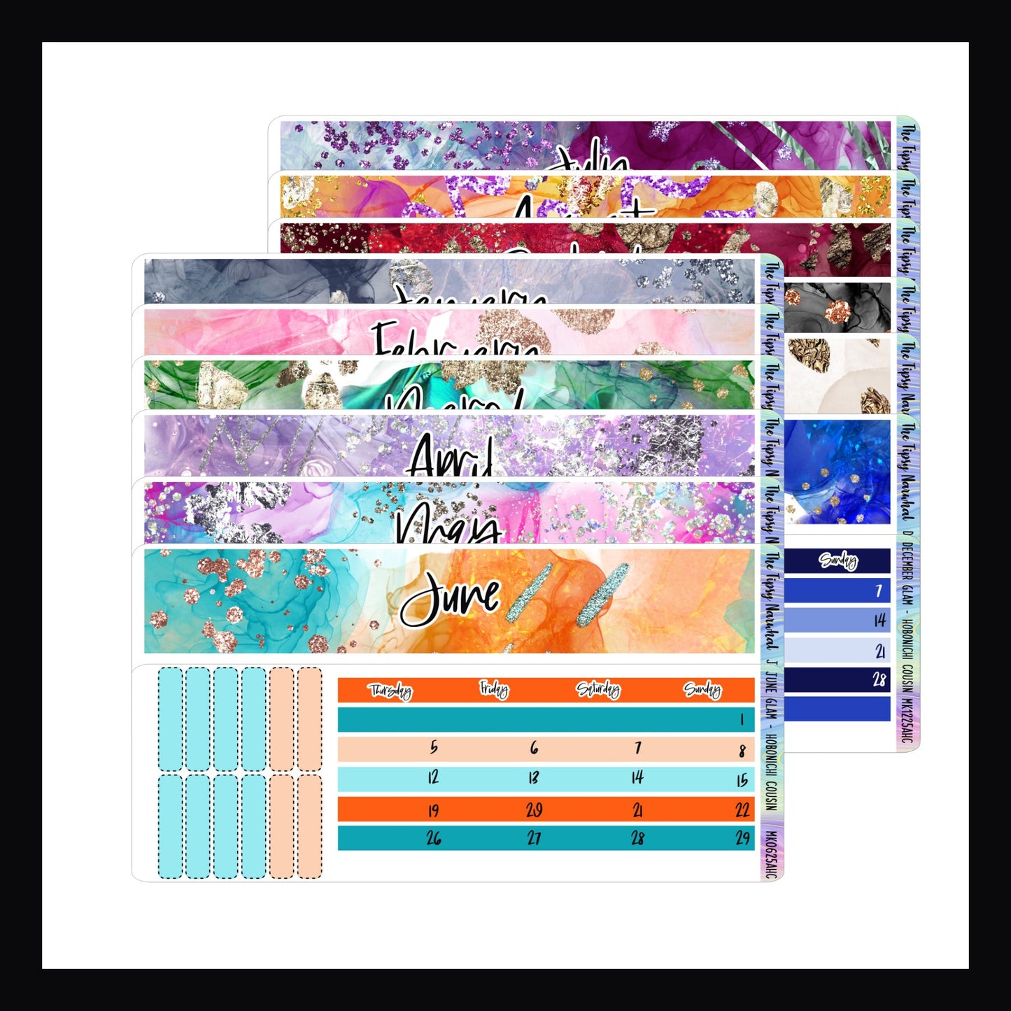 2025 Glam Monthly Kits for Hobonichi Cousin is a collection of 12 sticker kits designed to fit the monthly layout of the Hobonichi Cousin planners. Available individually or as a set of 12. Each month has a unique color palette with glitter and metallic accents.