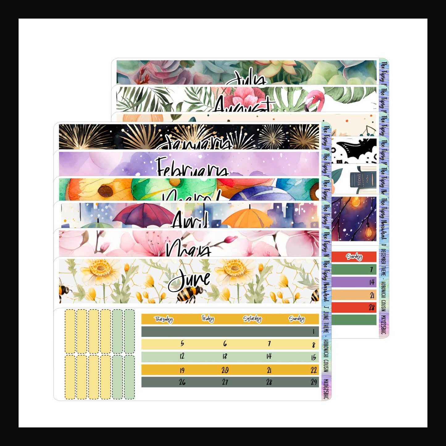 2025 Themed Monthly Kits for the Hobonichi Cousin is a collection of 12 sticker kits sized to fit the monthly layout of the Hobonichi Cousin planner. Each month features its own unique theme and color palette. Available individually or as a set.