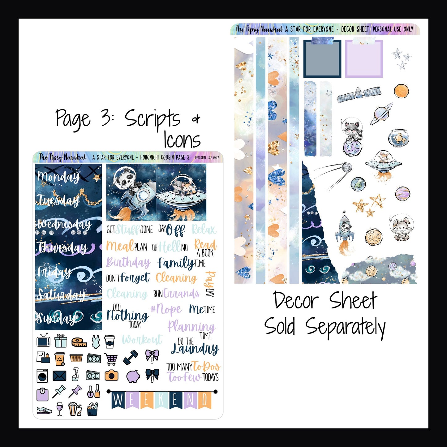 Digital A Star For Everyone Hobonichi Cousin Kit Page 3 features additional date covers, script stickers, weekend banner and daily icons. The Decor sheet is sold separately and features various astronaut woodland animals.