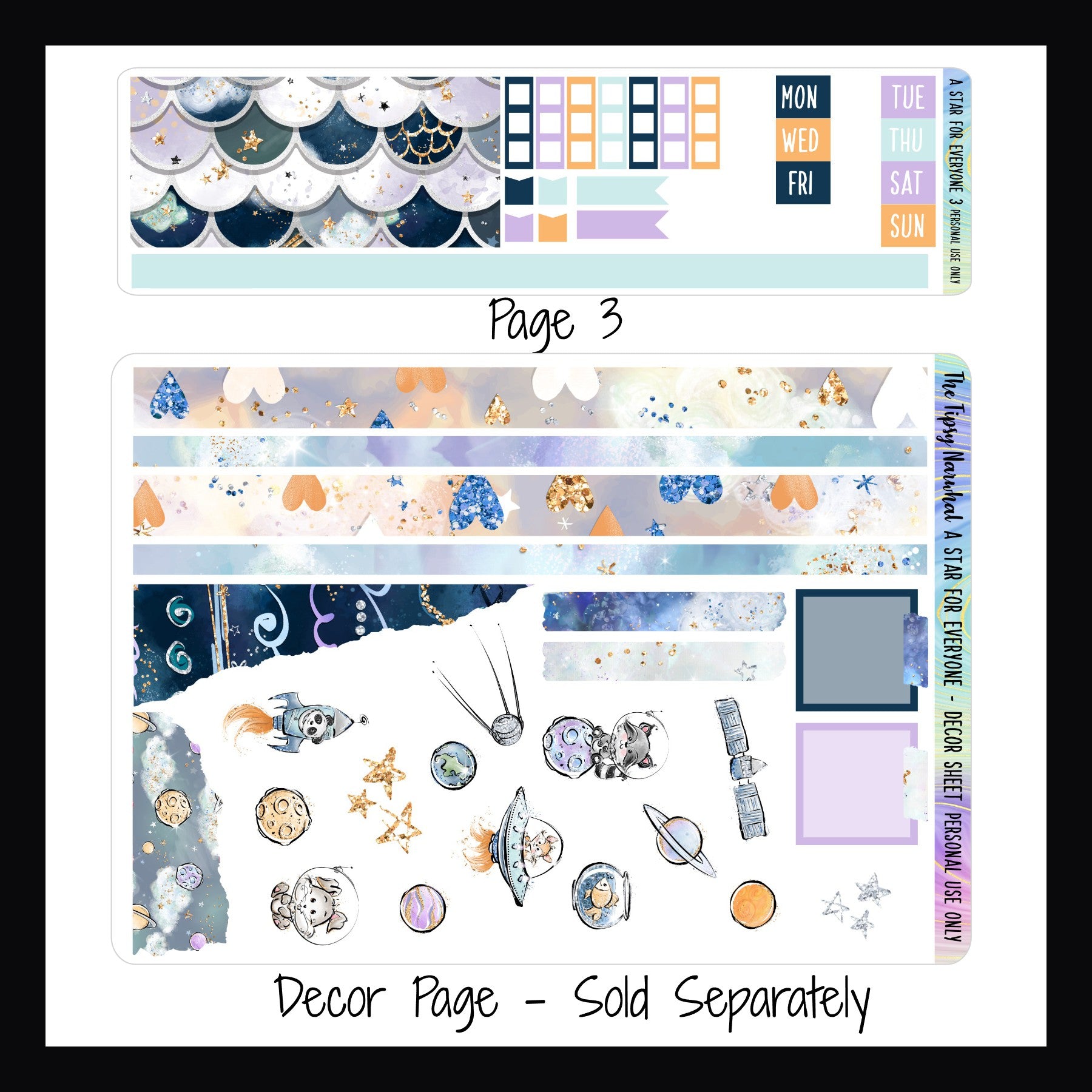 Digital A Star For Everyone Hobonichi Weeks Kit Page 3 features large washi, date covers, and checklist stickers.  The Decor page is sold separately and features multiple decor stickers