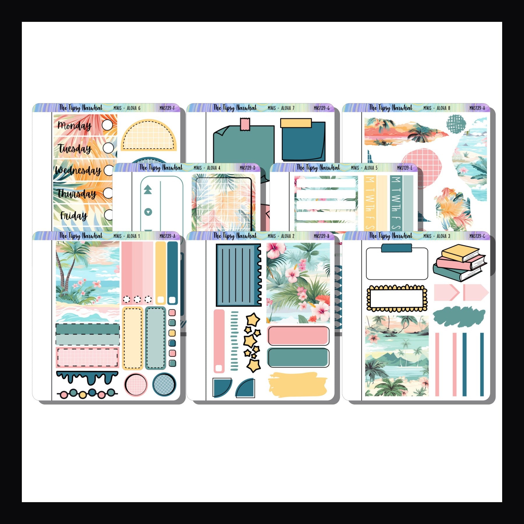 The Aloha Freestyle Minis is a collection of 8 quarter sized sticker sheets all featuring a tropical beach theme.  Pick and choose which stickers work best for your planning style or purchase all 8 for a discounted price.