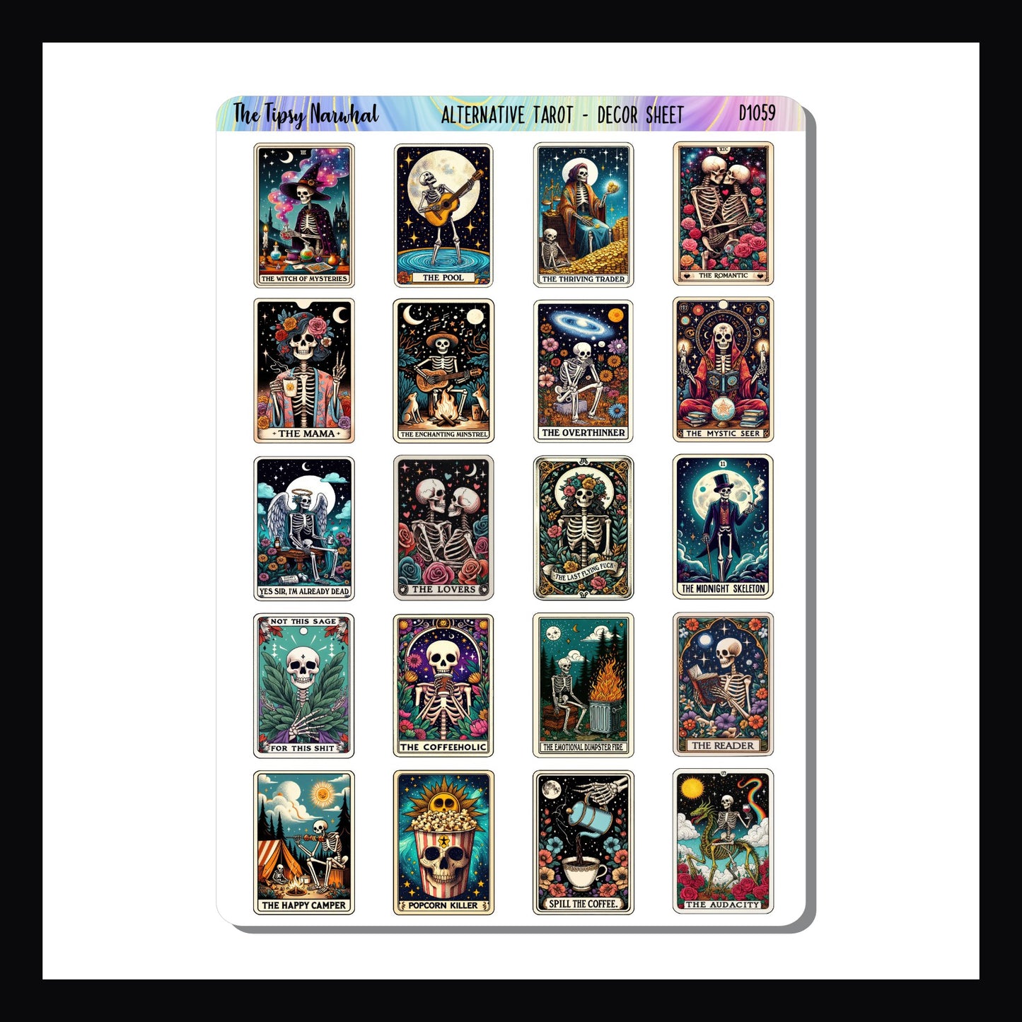 Alternative Tarot Decor Sheet is a sheet of 20 alternative tarot cards. Each card features a unique design and funny message or title.
