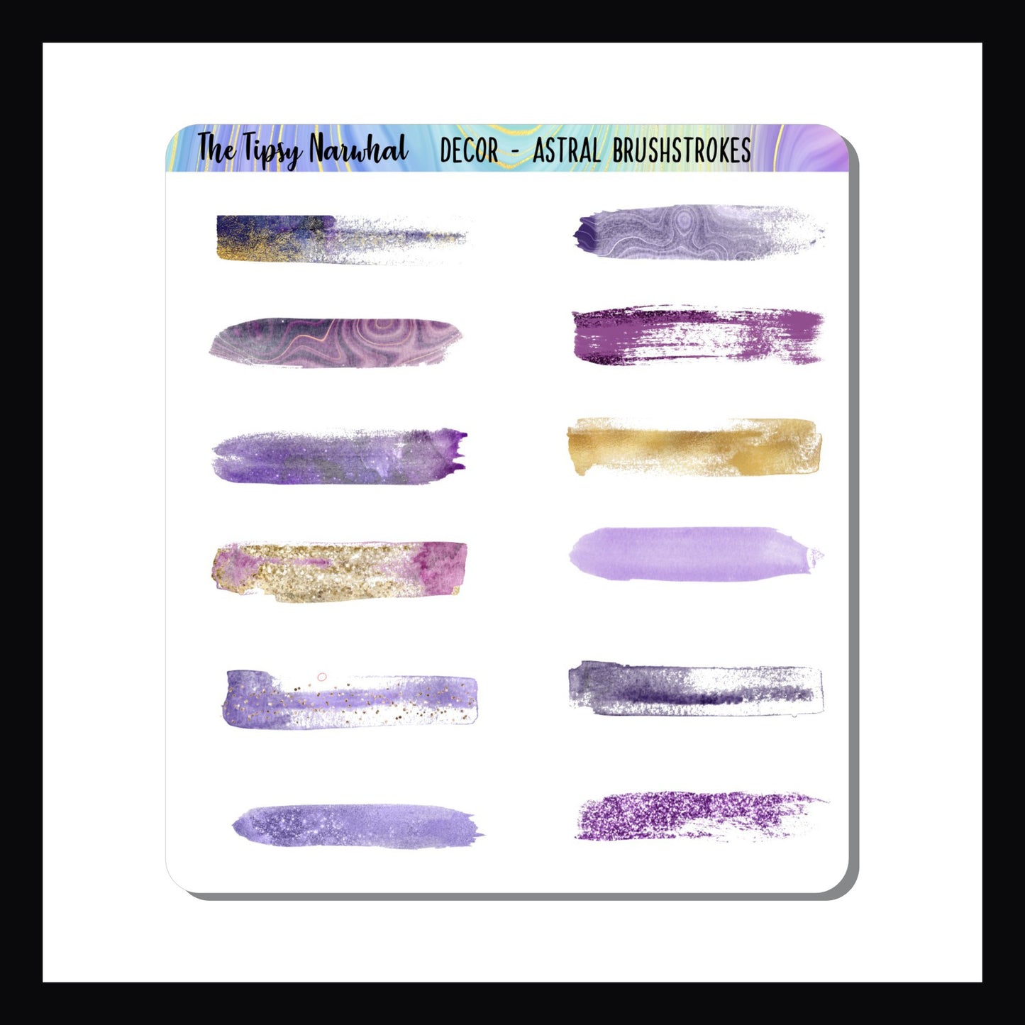 Astral Brushstrokes Sticker sheet is a collection of 12 brushstroke stickers. Each sticker is a unique design and features hues of lavender, purple, plum and gold.