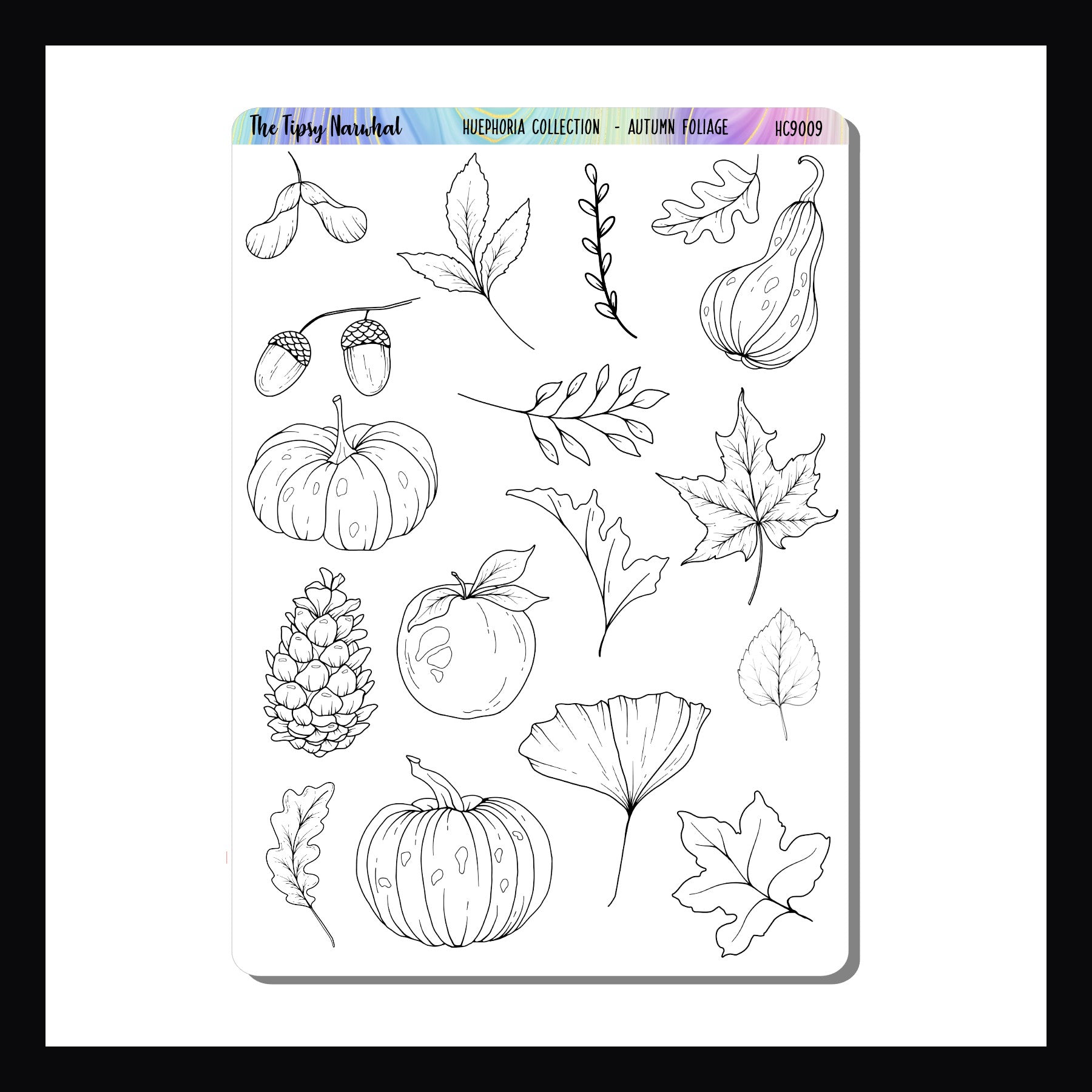 Autumn Foliage sticker sheet featuring various leaves, pumpkins, apples and more ready for coloring. Part of the Huephoria collection.