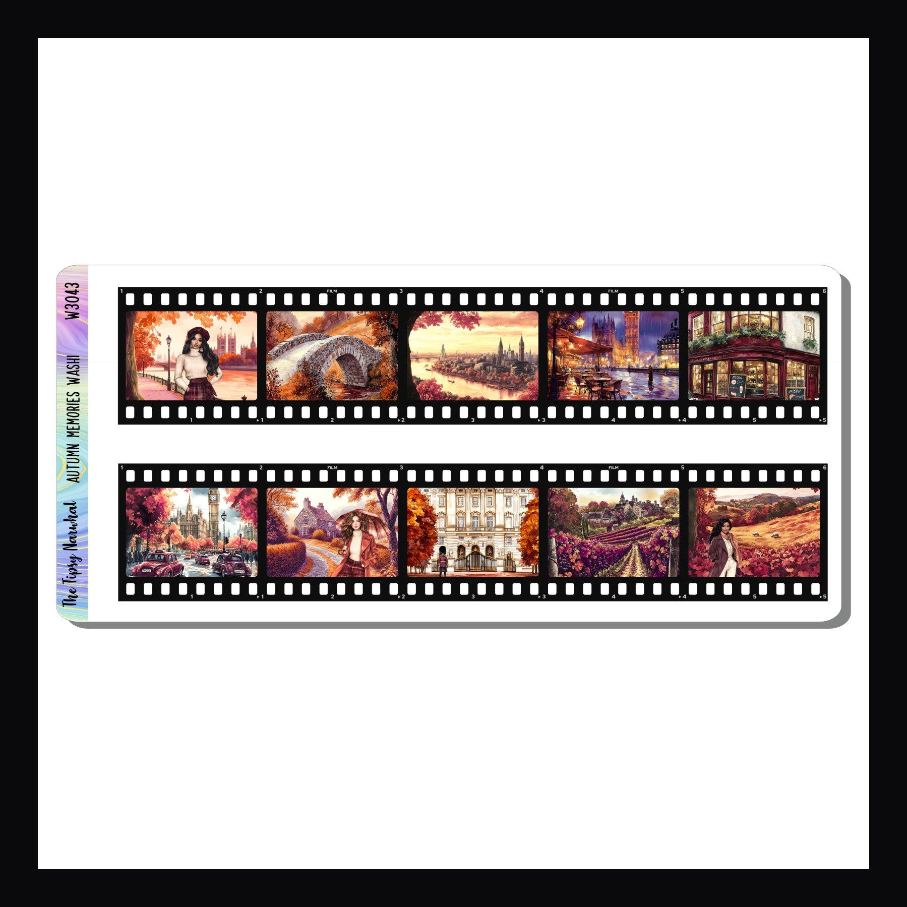 Autumn Memories Washi shown on a white background. Sheet features two strips of washi style stickers matching the Autumn Abroad weekly kits.