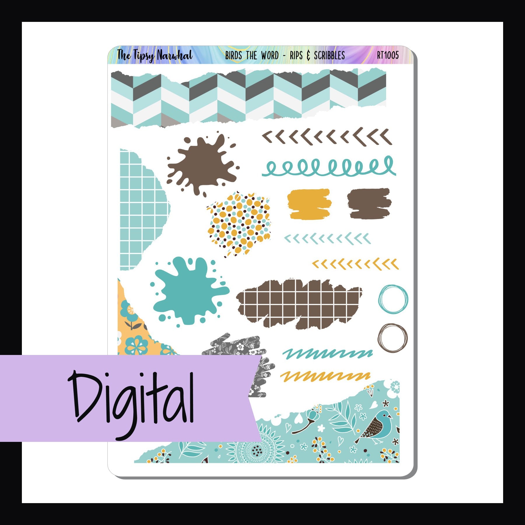 Digital Birds the Word Rips & Scribbles sheet is a digital/printable version of the rips & scribbles sheet of the same name. It features several scribble stickers, some splash stickers, and stickers with a ripped appearance. All coordinate with the Birds the Word kits.