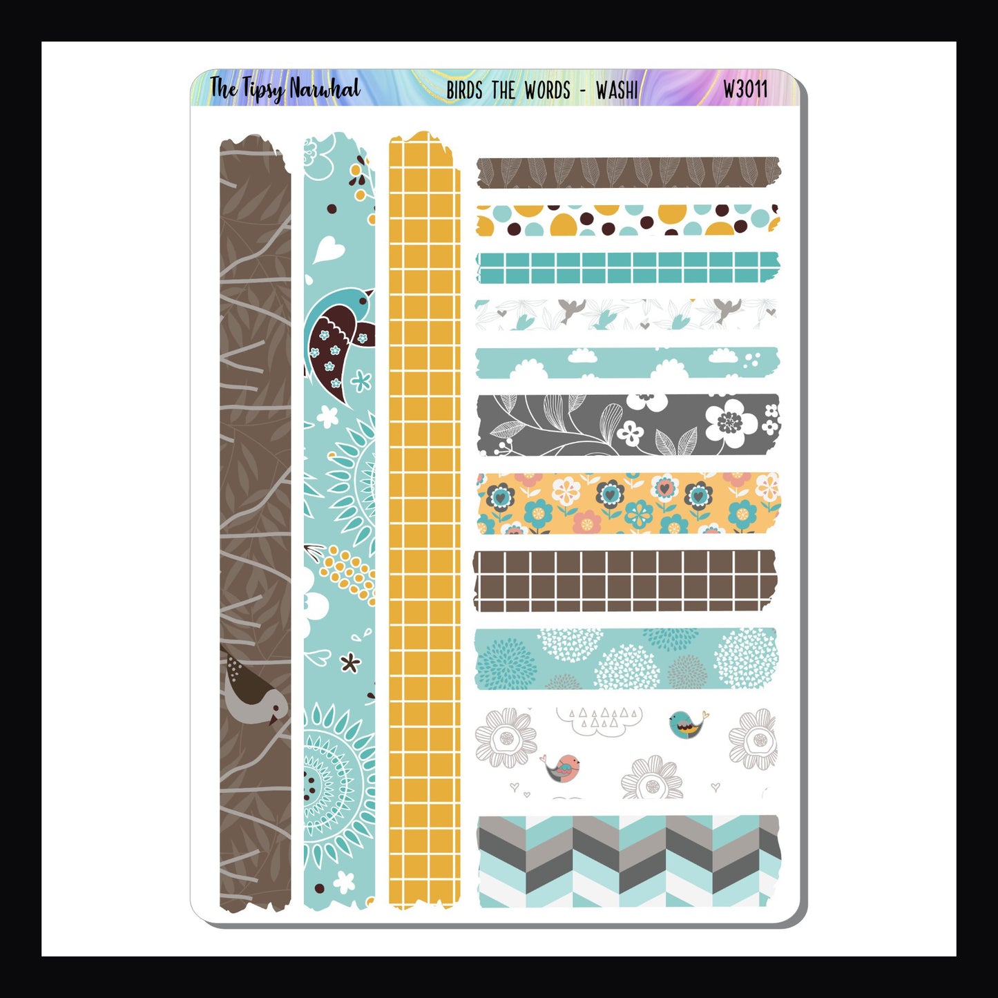 Birds the Word Washi Sheet is a sticker sheet featuring 14 strips of washi-like stickers. Each sticker features a different pattern and matches the Birds the Word kits.