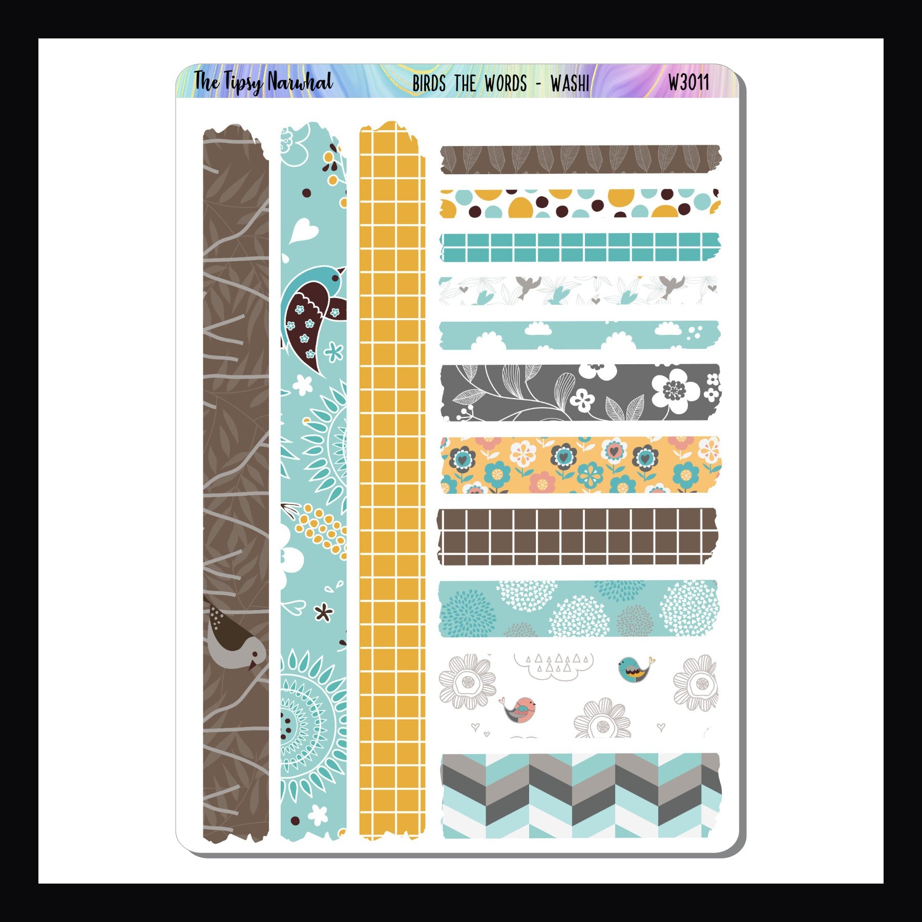 Digital Birds the Word Washi Sheet is a digital/printable version of the standard washi sheet.  It features 14 various washi tape-like stickers with patterns and colors that perfectly coordinate with the Birds the Word kits.