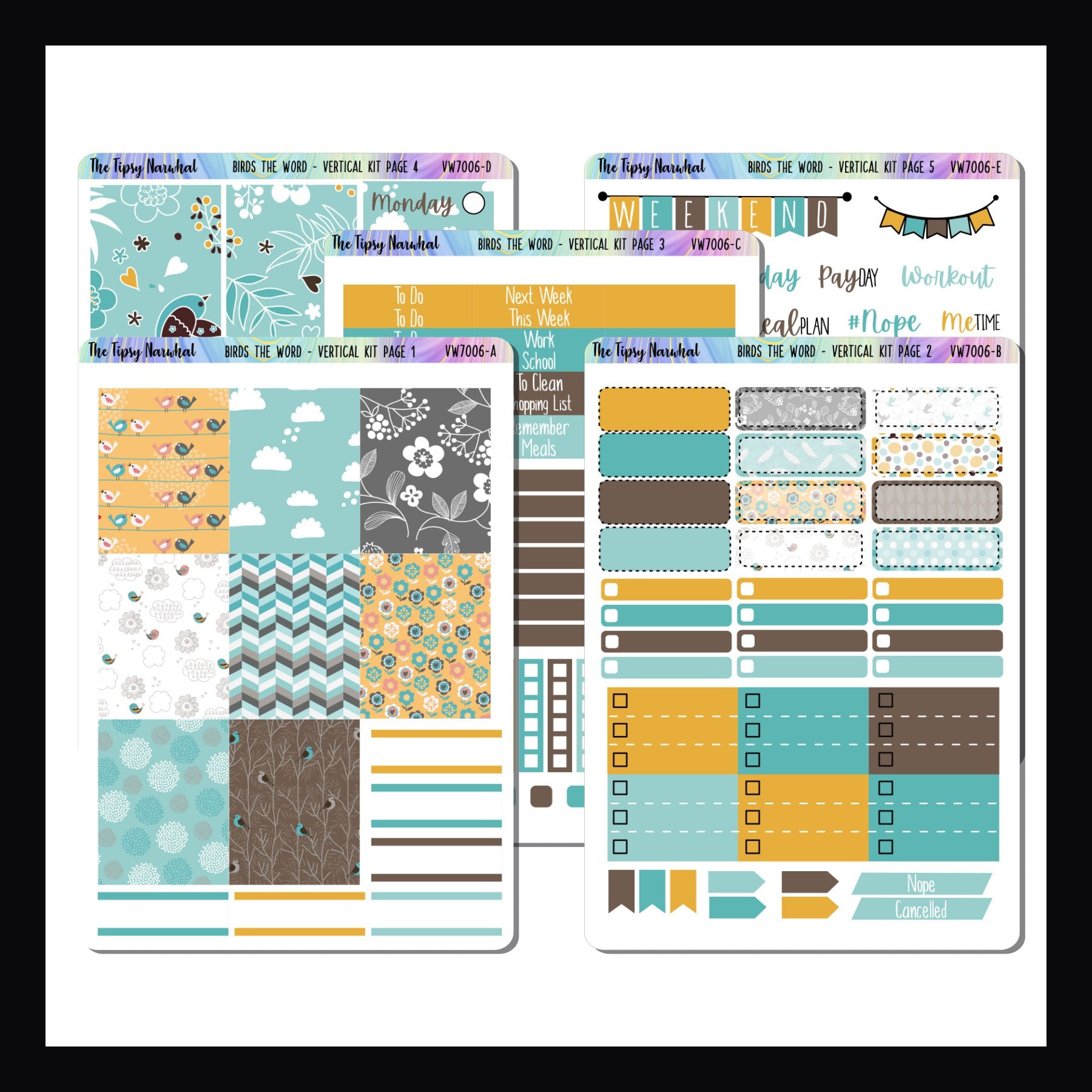 Birds the Word Vertical Kit is a 5 page sticker kit. Stickers are sized to fit the standard vertical layout. Features a floral bird theme with a bold color palette of yellows, blues and browns.