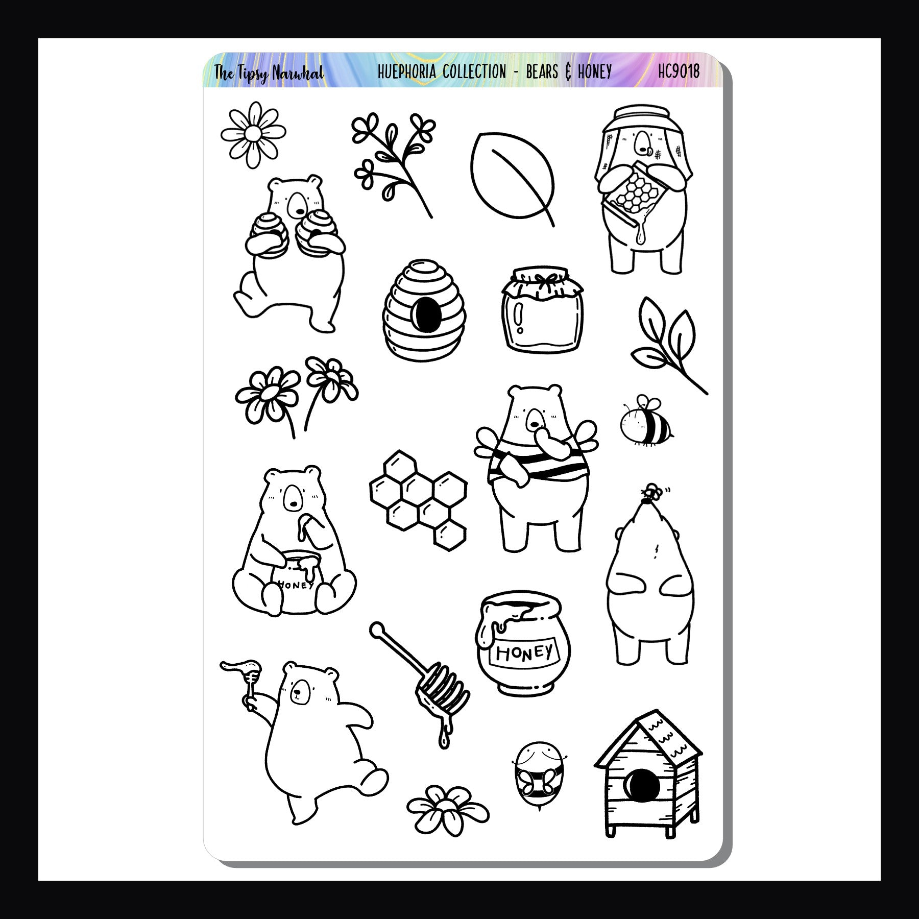 Bears & Honey Huephoria stickers is a 4.5 x 7 inch sticker sheet featuring a collection of adorable bears and honey bee designs.  These stickers are designed to be colored using crayons, colored pencils, or markers creating a fully customizable sticker sheet perfect for use in planners, journals, and art projects.