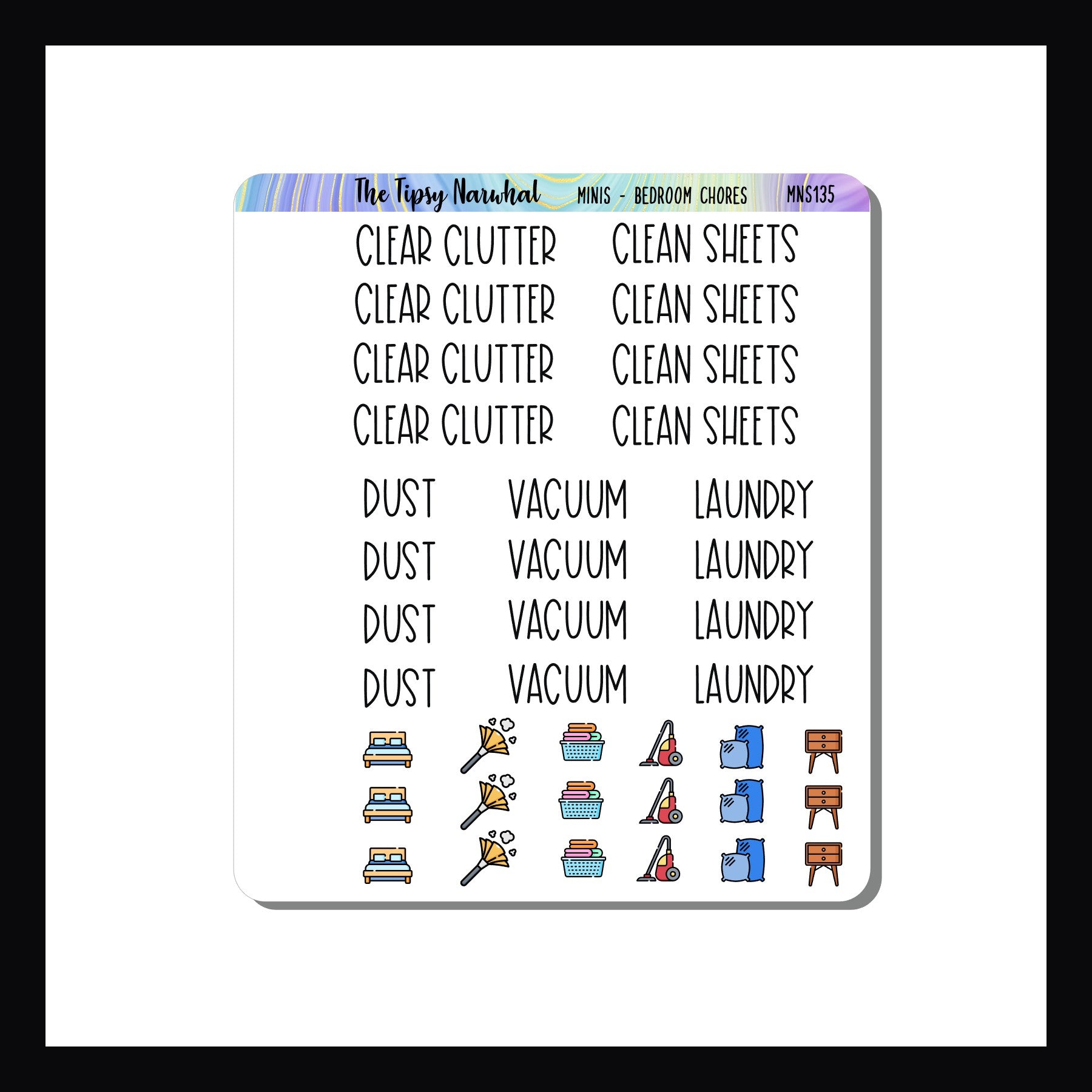 Mini Icon Sheets Bedroom Chores is a small quarter sheet sized sticker sheet featuring a collection of scripts for various bedroom cleaning chores.  Also includes a handful of small icon stickers coordinating with said chores.