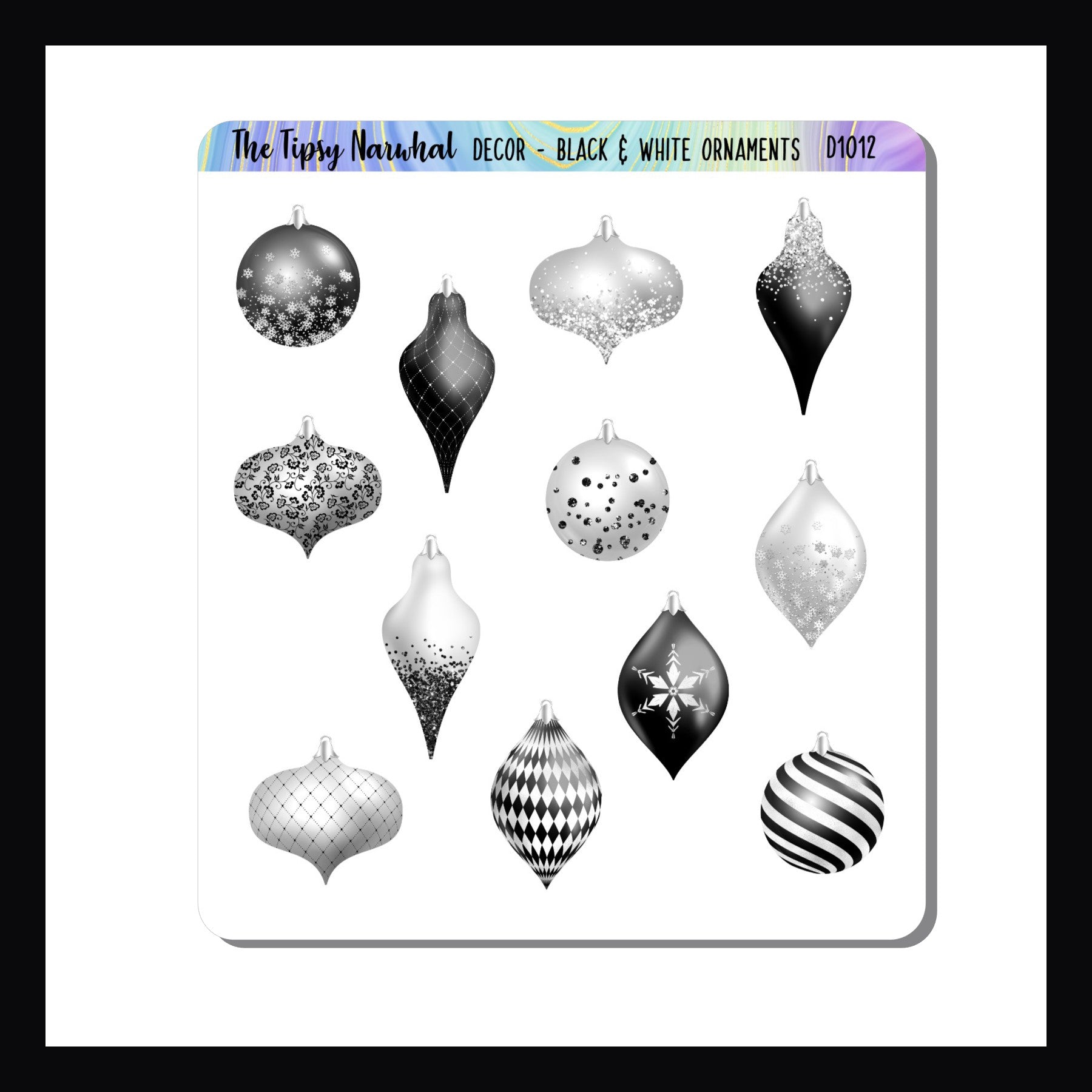 Black & White Ornament Sticker Sheet, holiday ornaments, christmas ornaments, black and white baubles, bulbs, christmas stickers, holiday stickers, festive stickers, snowflakes, glitter, sequins,