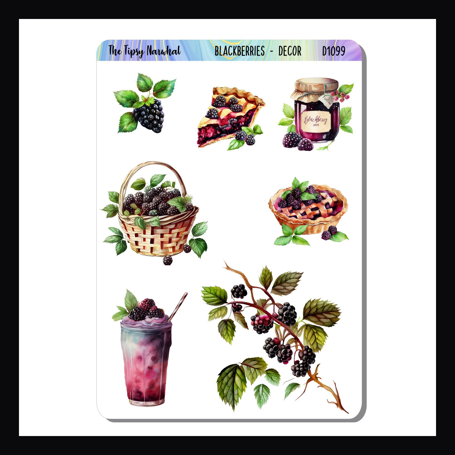 Blackberries Decor Sheet is a 3.5 x 5 inch sticker sheet.  It focuses on blackberries and delicious treats made from the tart fruit.