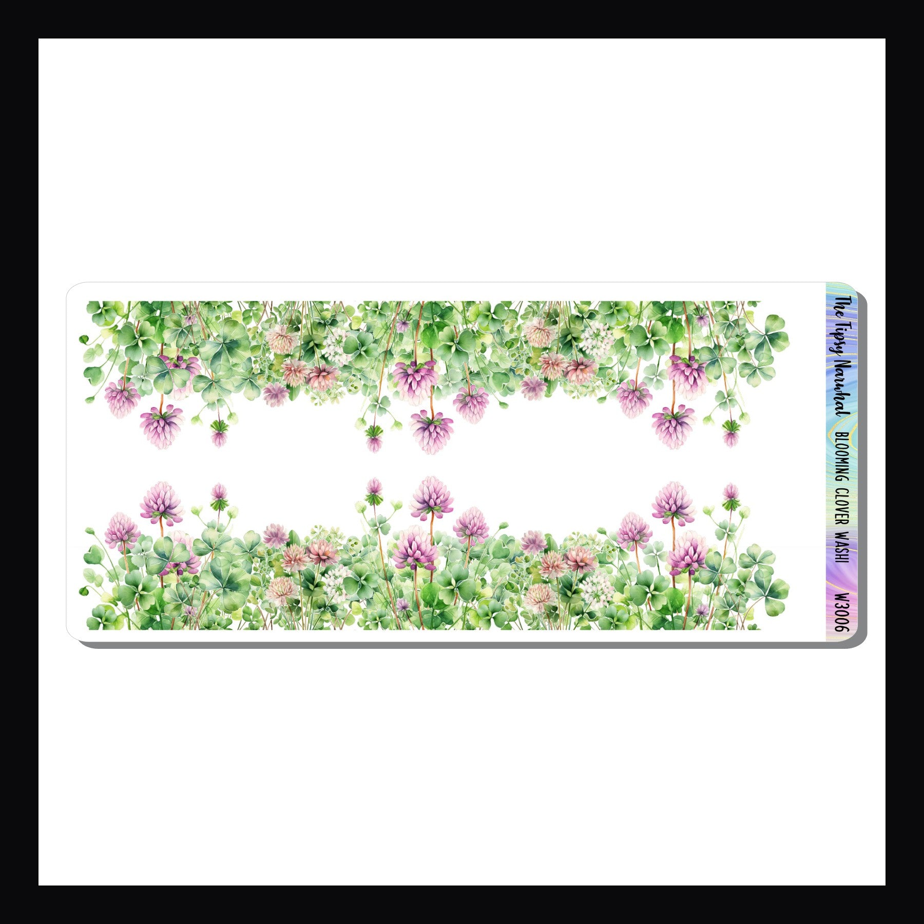 The Blooming Clover Washi sheet features two 7" strips of clover themed washi stickers.  Field of green clovers with delicate pink and purple blooms scattered throughout.