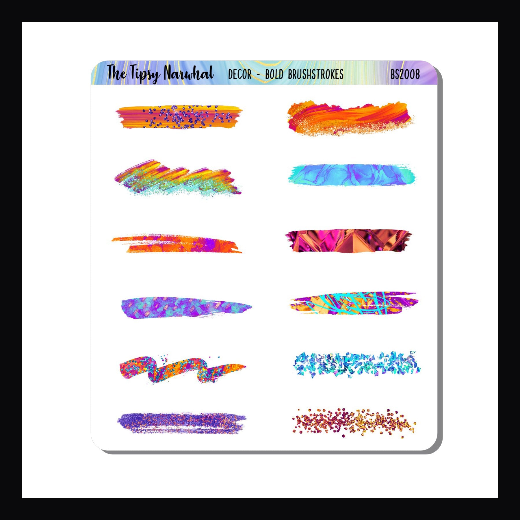 The Bold Brushstrokes sticker sheet features 12 brushstroke style stickers. The bold colors and patterns will brighten up any planner or journal.