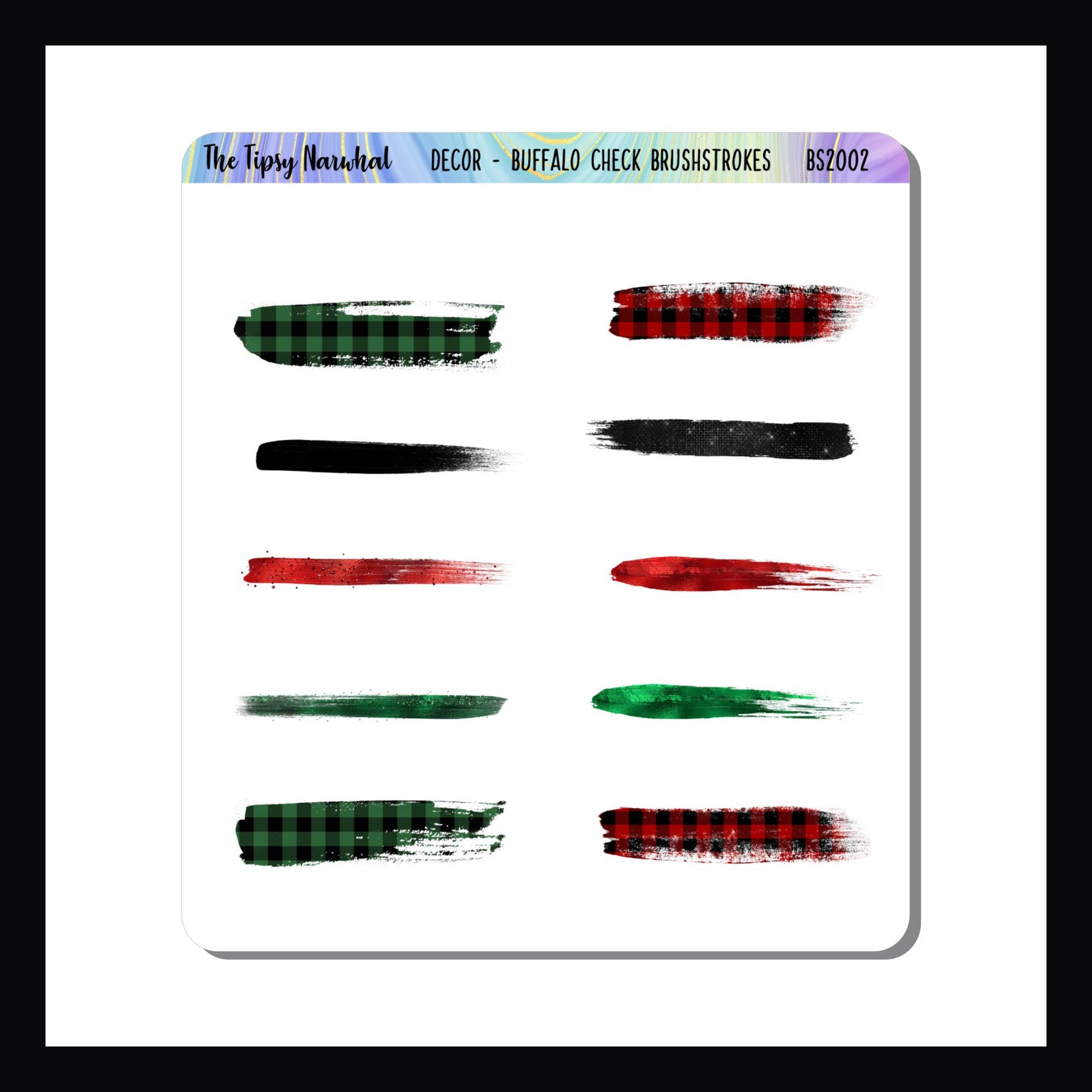 Buffalo Check brushstroke sticker sheet, green buffalo check, red buffalo check, black brushstrokes, red brushstrokes, green brushstrokes, washi stickers,
