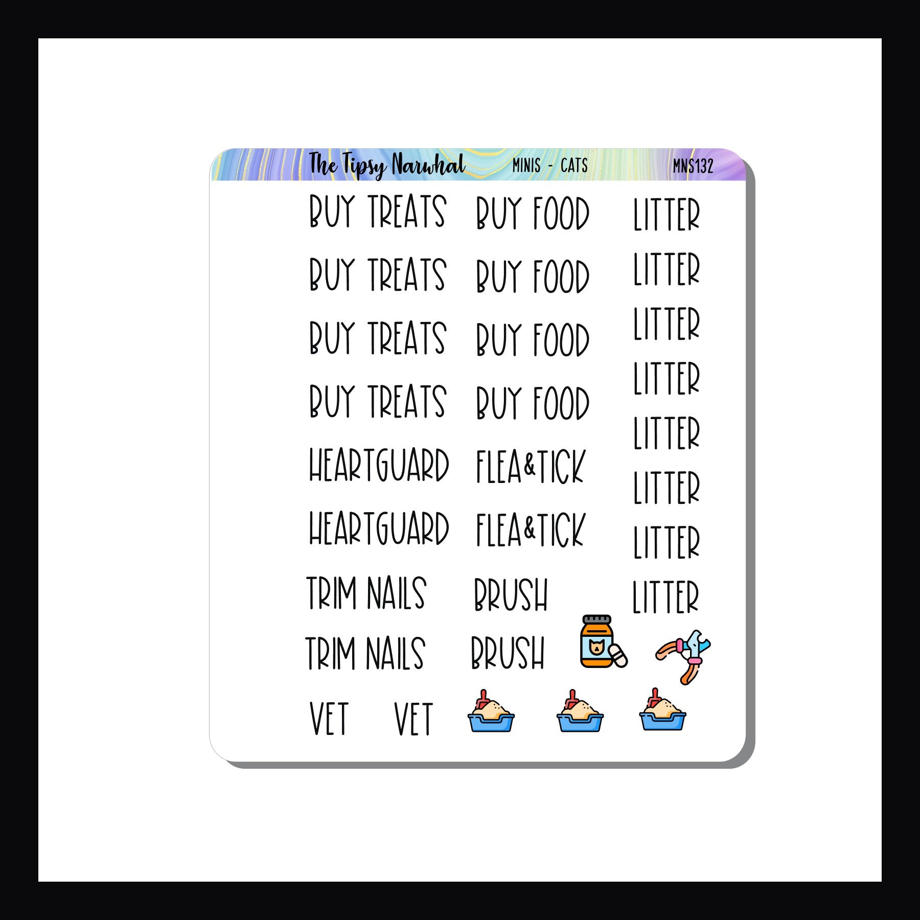 Mini Icon Sheets Cats is a small quarter sheet sized sticker sheet.  This sticker sheet features various icon and script stickers prompting common tasks for taking care of pet cats.