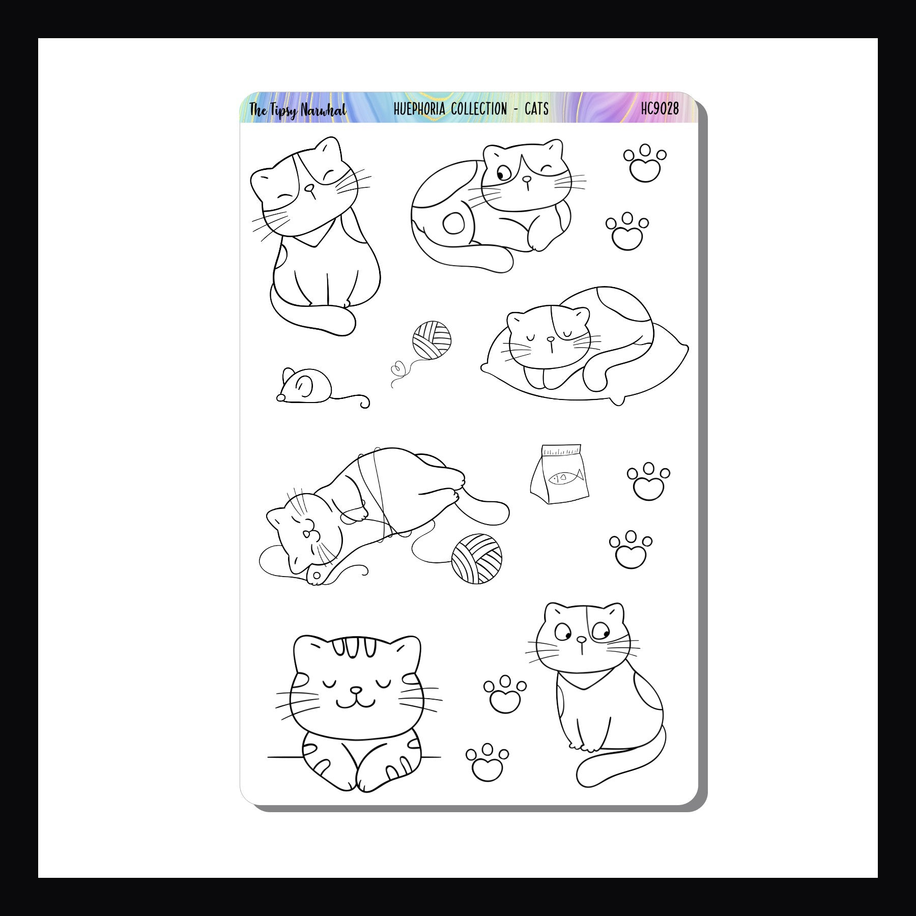 Cats Huephoria Stickers is a 4.5 x 7 inch sticker sheet featuring 15 cat themed stickers.  These coloring stickers are perfect to combine your love of planning and coloring.
