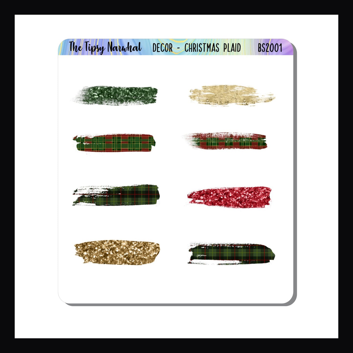 Christmas Plaid Brushstrokes, brushstroke stickers, red, green, gold brushstrokes, plaid brushstrokes, glitter brushstrokes, washi stickers