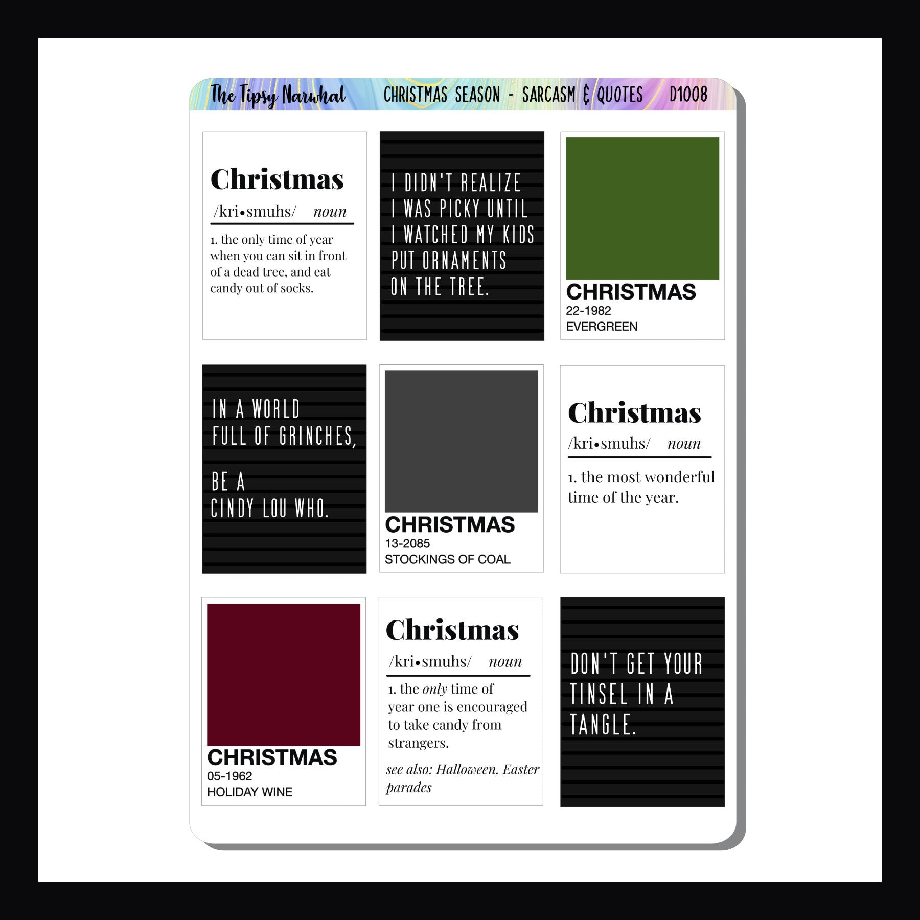 Christmas Sarcasm Sticker Sheet, Funny stickers, silly stickers, sarcastic stickers, christmas stickers, holiday stickers, red, green, black, grey, comedy stickers,