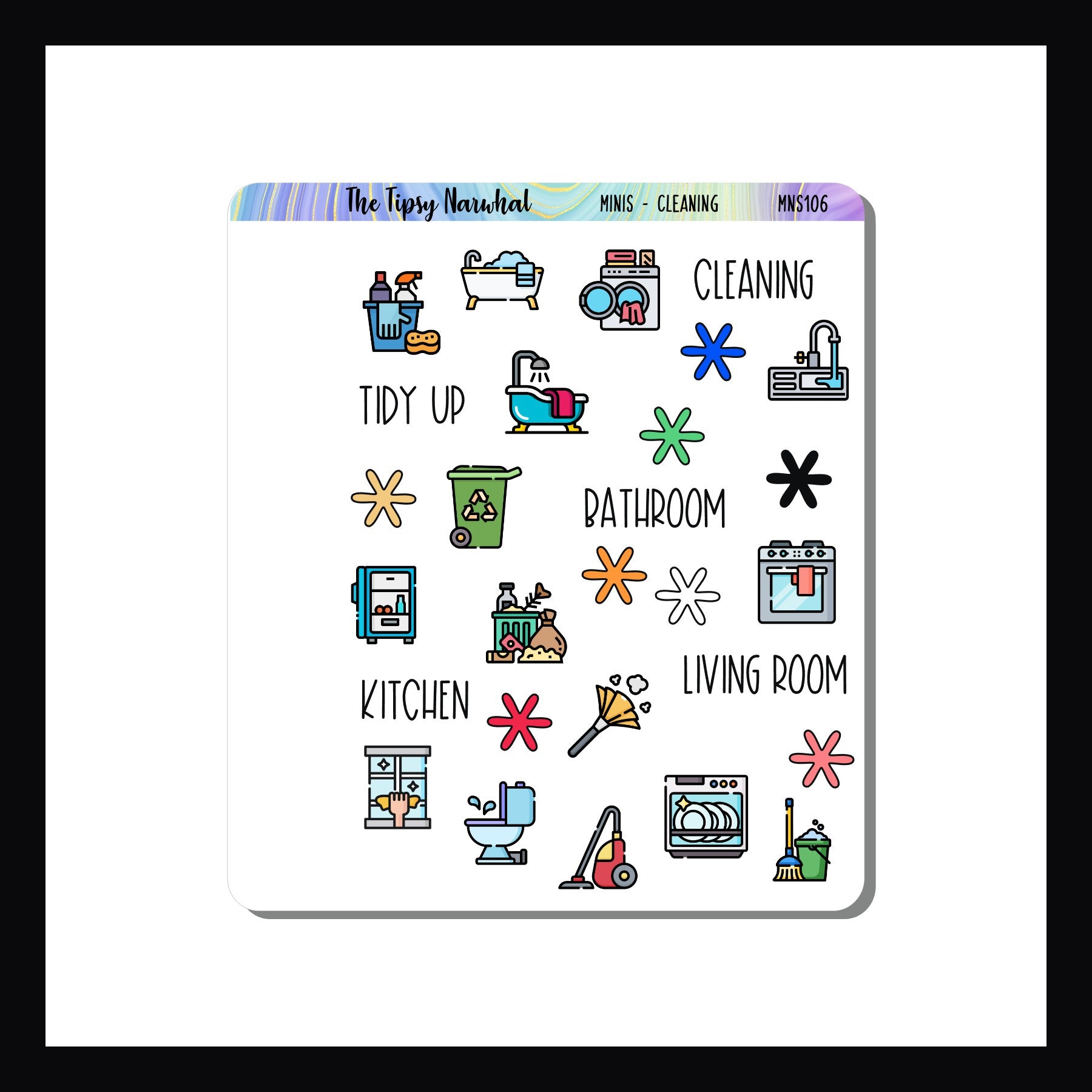 Mini Icon Sheet Cleaning is a 3.5 x 4" sticker sheet featuring various cleaning icons. Perfect for small format planners, monthly layouts, and wall calendars.