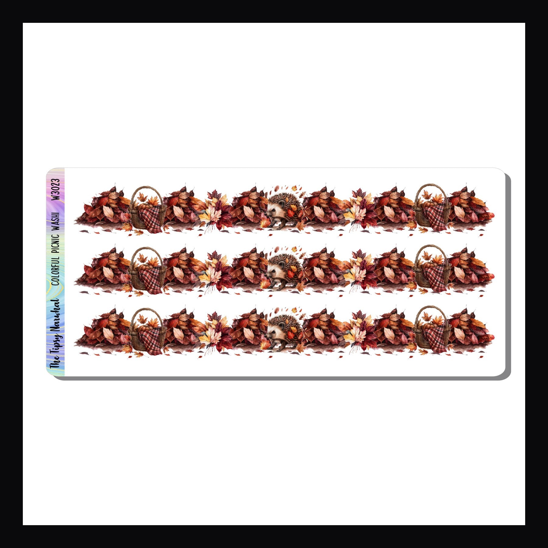 Colorful Picnic Washi features three strips of washi stickers. Each strip features fallen leaves, picnic baskets and a hedgehog. Coordinates with the Colors of Autumn Weekly Kits.