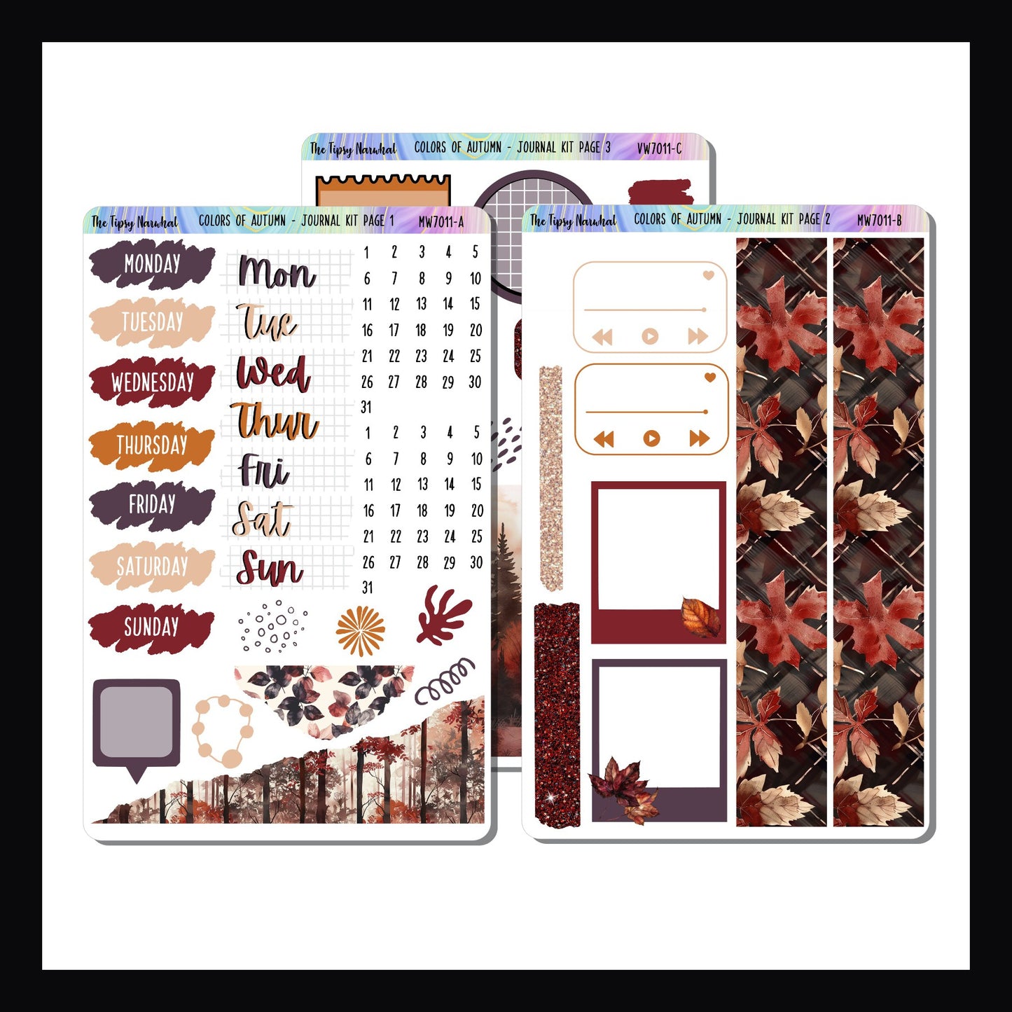 Colors of Autumn Journal Kit is a three page kit focusing on decorative elements. It is a three page kit and features a fall theme with a rich color palette of reds, oranges, plums and cream.