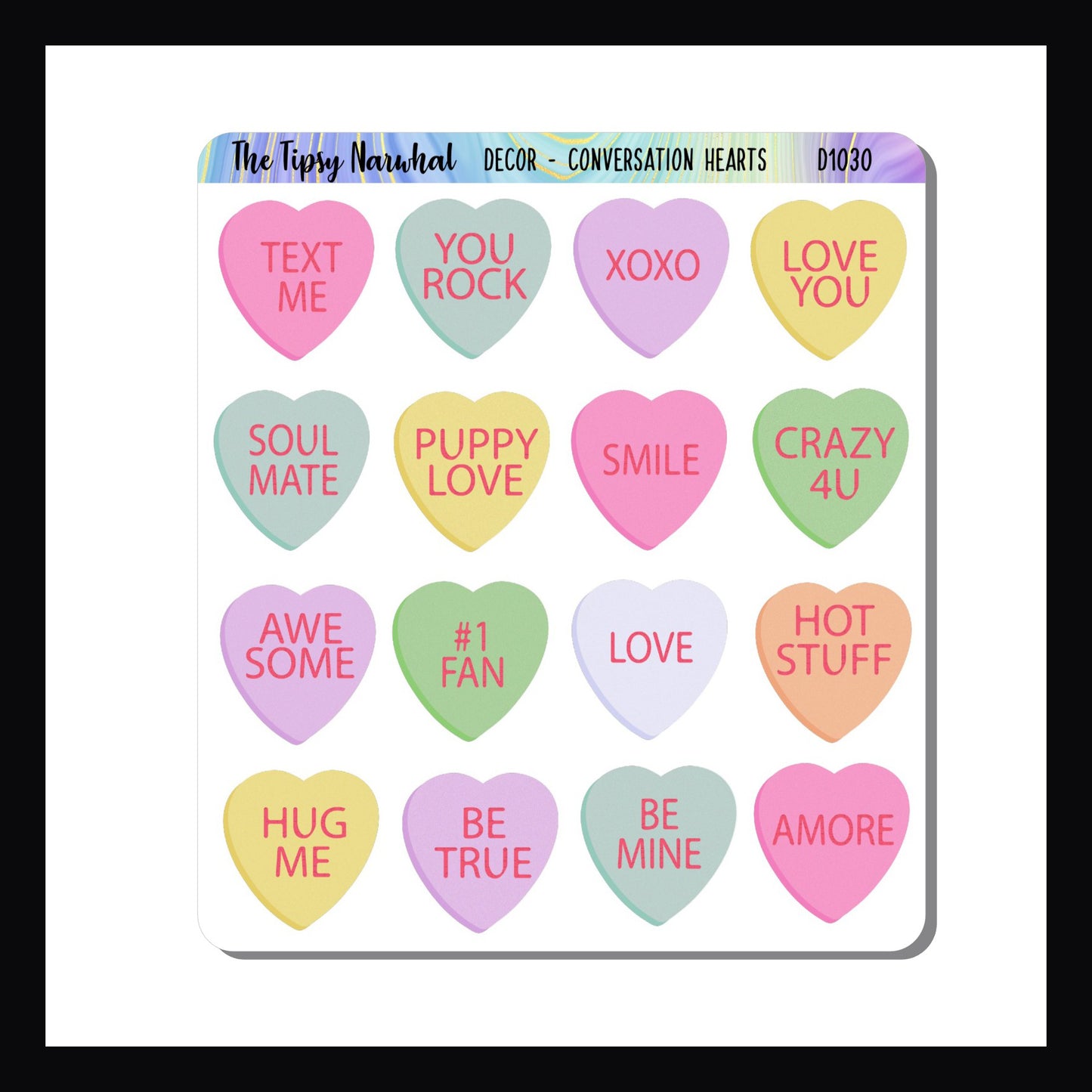Conversation Hearts Decor Sheet. Set of 16 conversation heart candy stickers featuring various Valentine sentiments. Perfect for planners or journals.