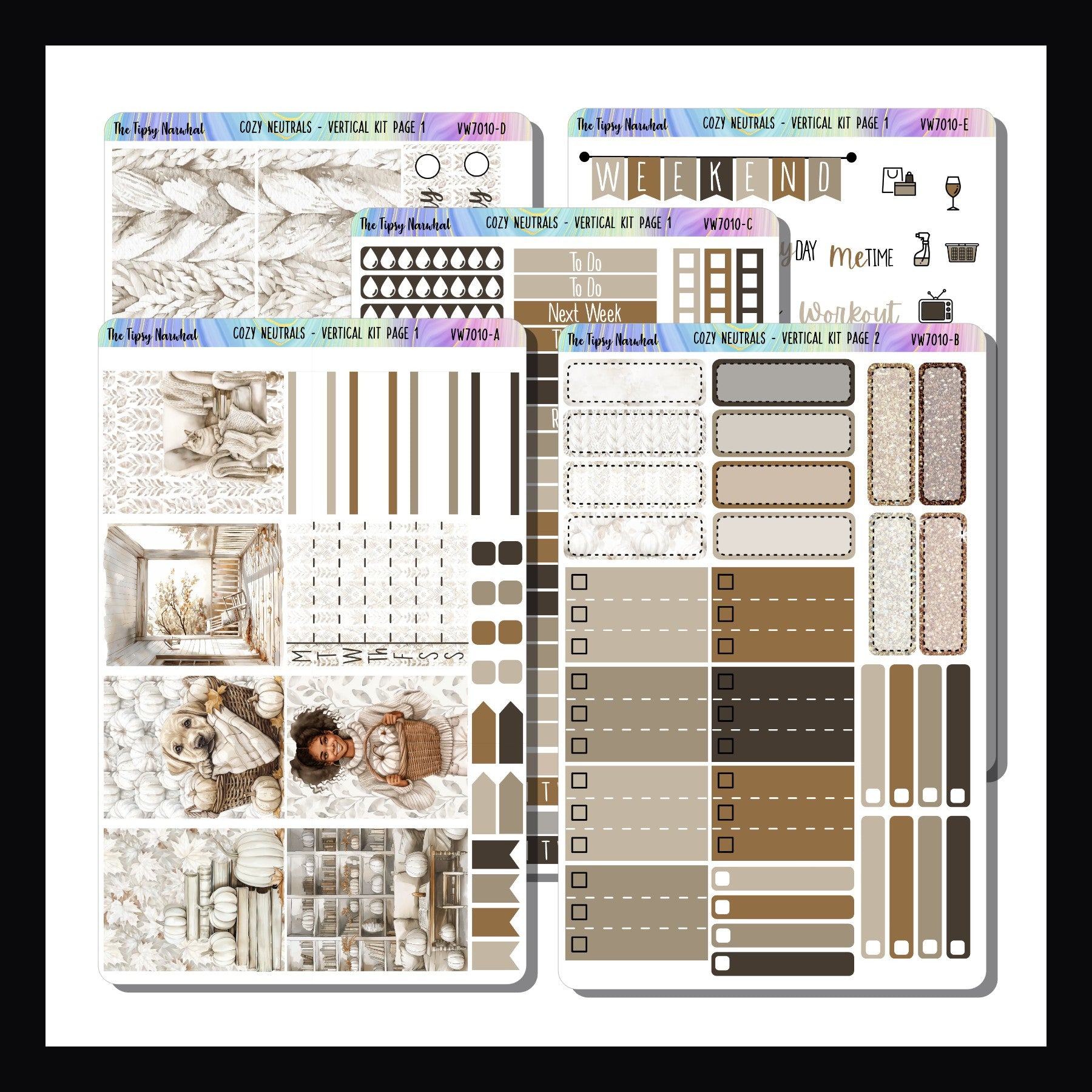 Cozy Neutrals Vertical Kit is a 5 page kit designed to fit most vertical style planners. It features a cozy autumn aesthetic and a neutral color palette.