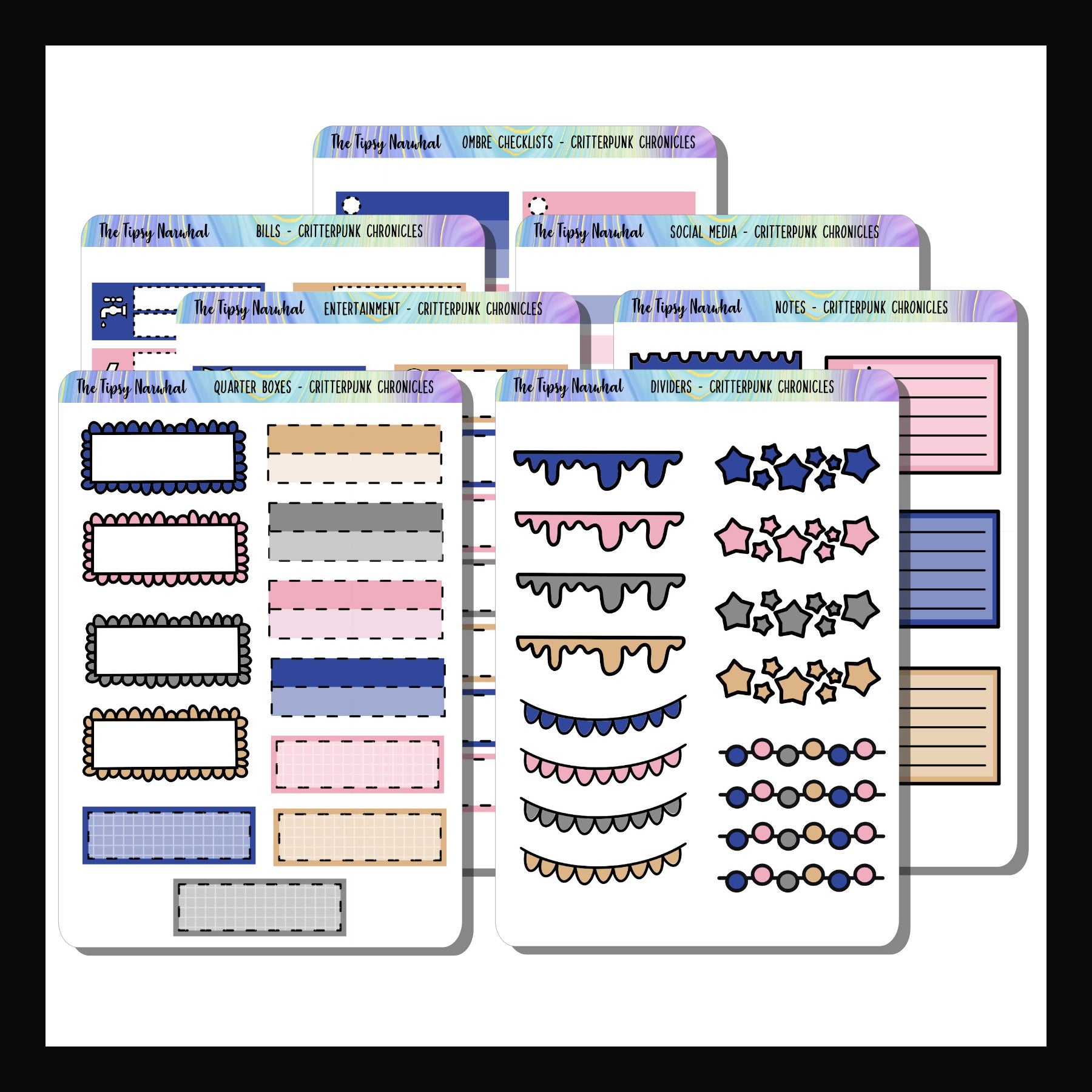 Critterpunk Chronicles Functionals are a collection of 7 quarter sheets.  Each sheet features a selection of functional stickers designed to coordinate with the Critterpunk Chronicles Weekly Kits.
