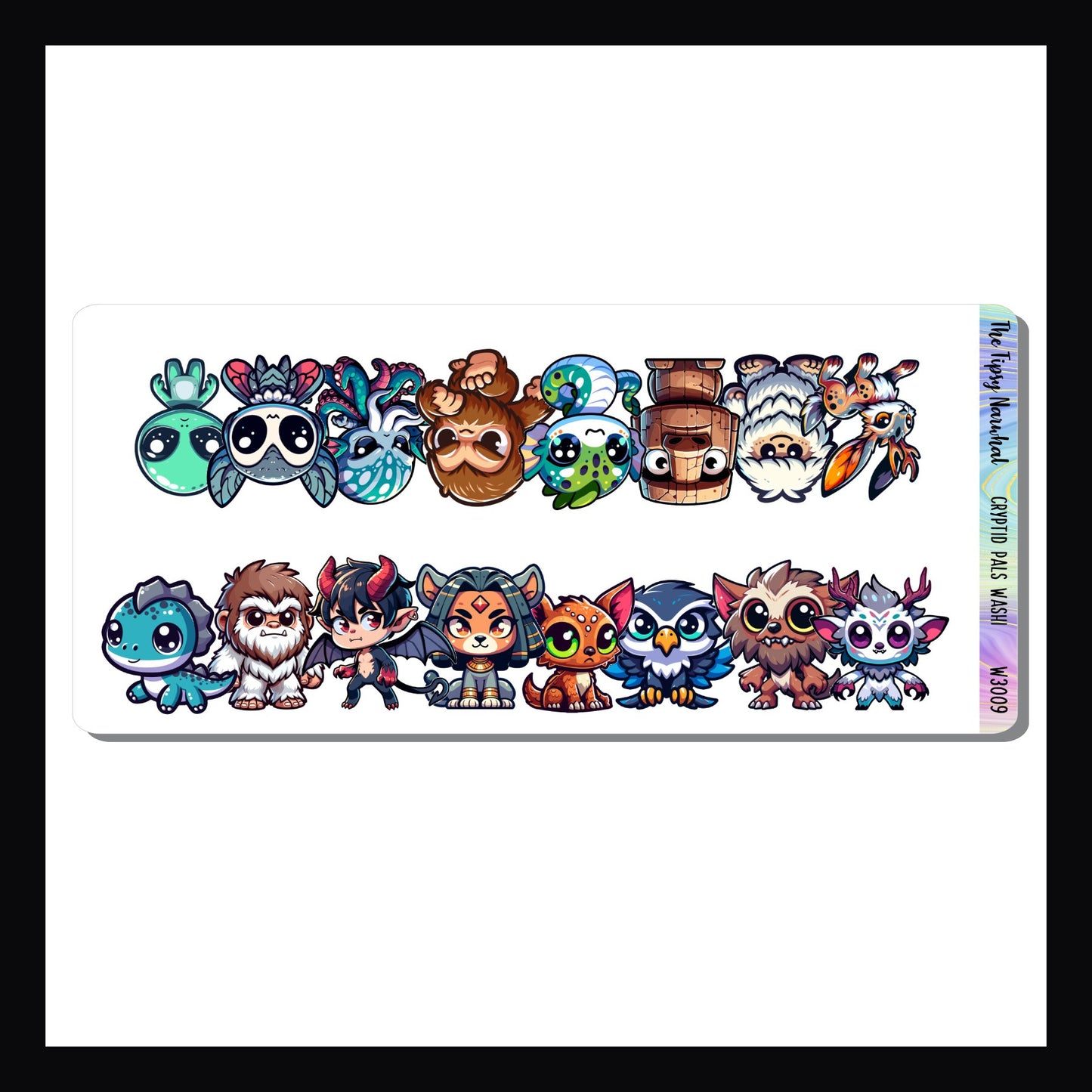 The Digital Cryptid Pals Washi Sheet is a digital printable version of the Cryptid Pals Washi Sheet. It features two washi strips each approximately 7 inches long. Each strip features a collection of adorable cryptid creatures.