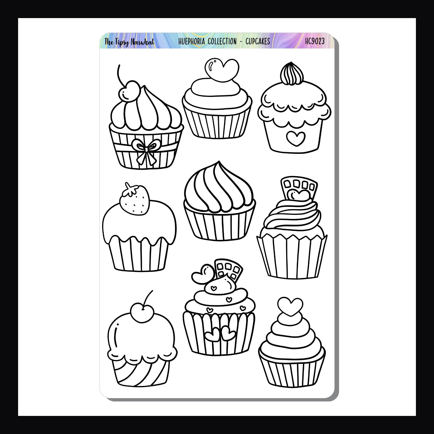 Cupcakes Huephoria Sticker Sheet is a 4.5 x 7 inch sheet featuring 9 individually designed cupcake stickers.  These cupcakes are designed in black and white outlines and are perfect for coloring with pencils, markers, or crayons.