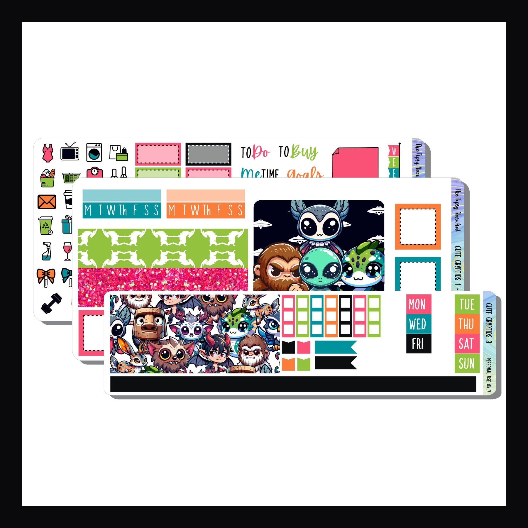 Cute Cryptids Hobonichi Weeks Kit is a 3 page sticker kit sized to fit the Hobonichi Weeks style planners. It features bright, bold colors and some adorable cryptid creatures.