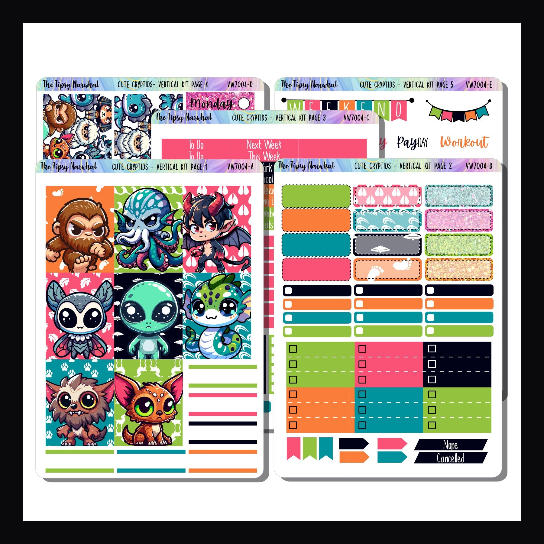 Cute Cryptids Vertical Weekly Kit is a 5 page sticker kit featuring bold colors and adorable cryptid creatures.