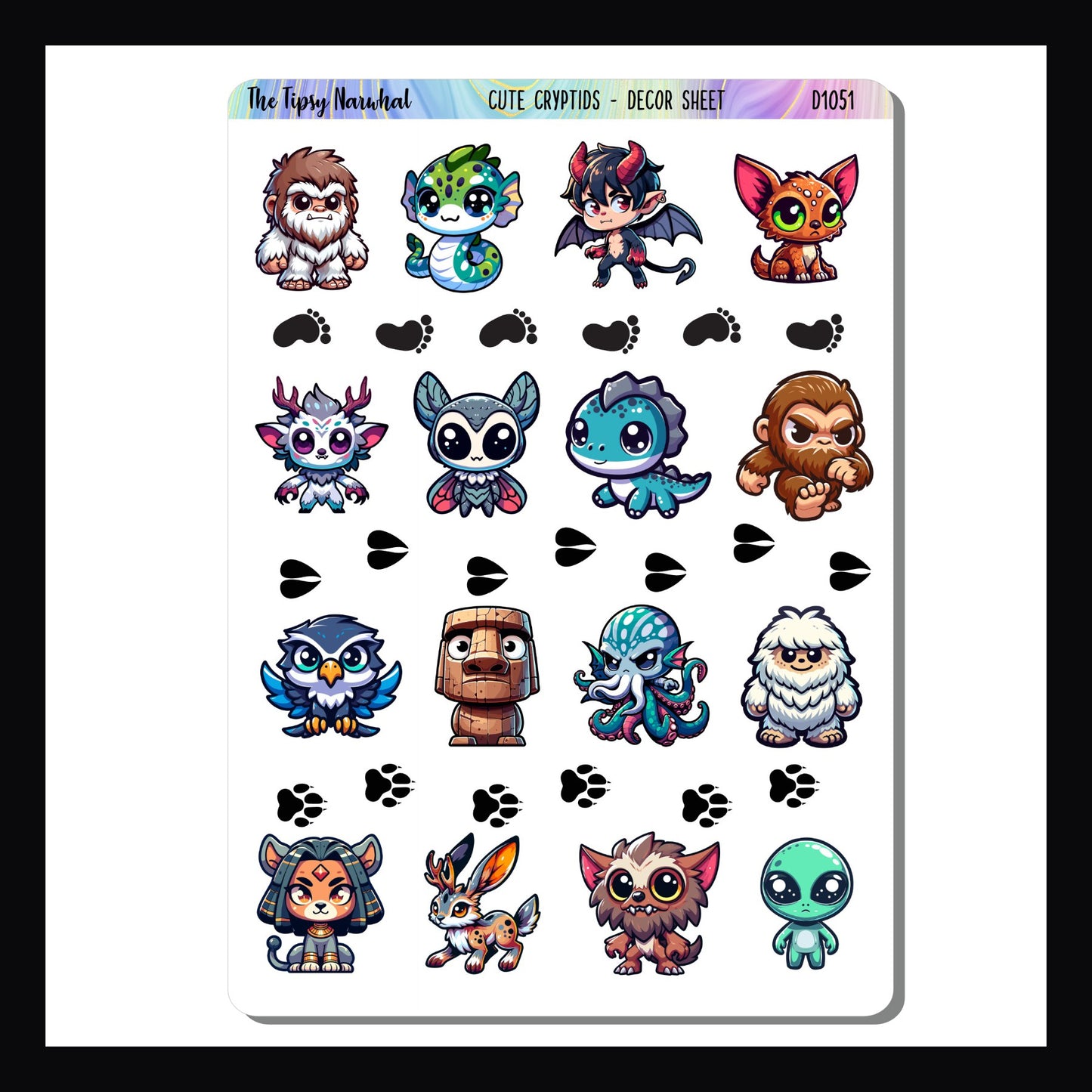 The Digital Cute Cryptids Decor Sheet is a digital version of the Cute Cryptids Decor sheet featuring 16 adorable renditions of famous mysterious creatures.
