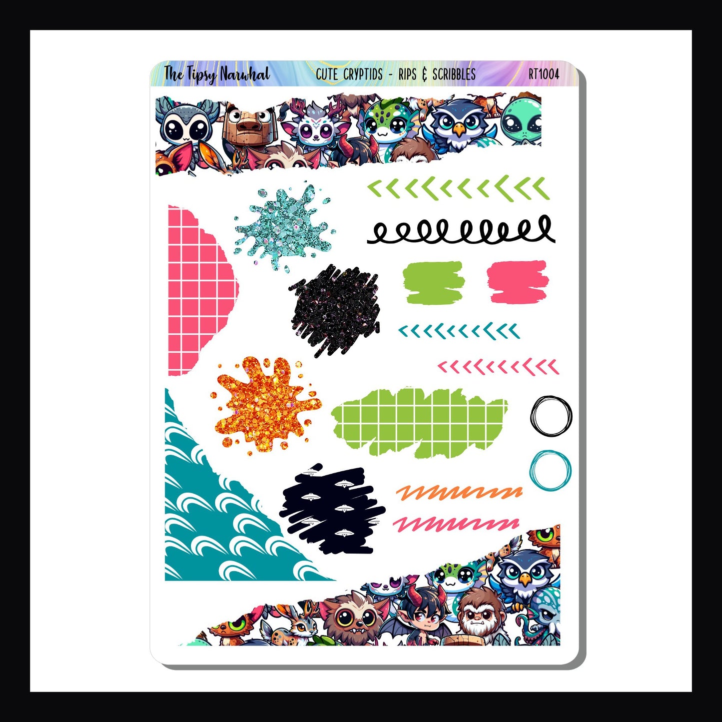 The Cute Cryptids Rips & Scribbles sticker sheet features several scribble style stickers, splash style stickers and stickers with a ripped appearance. Colors and patterns coordinate with the Cute Cryptids Kits.