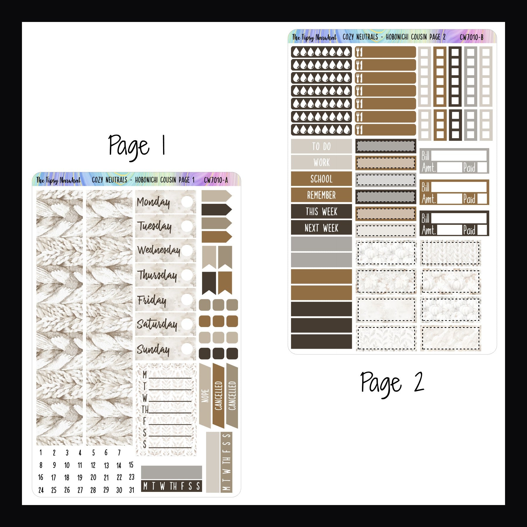 Cozy Neutrals Hobonichi Cousin Page 1 and Page 2.  Page 1 features washi, date covers, habit trackers, page flags, and cancellation stickers.  Page 2 features headers, checklists, hydration and meal tracking, appointment stickers and bill tracking stickers.