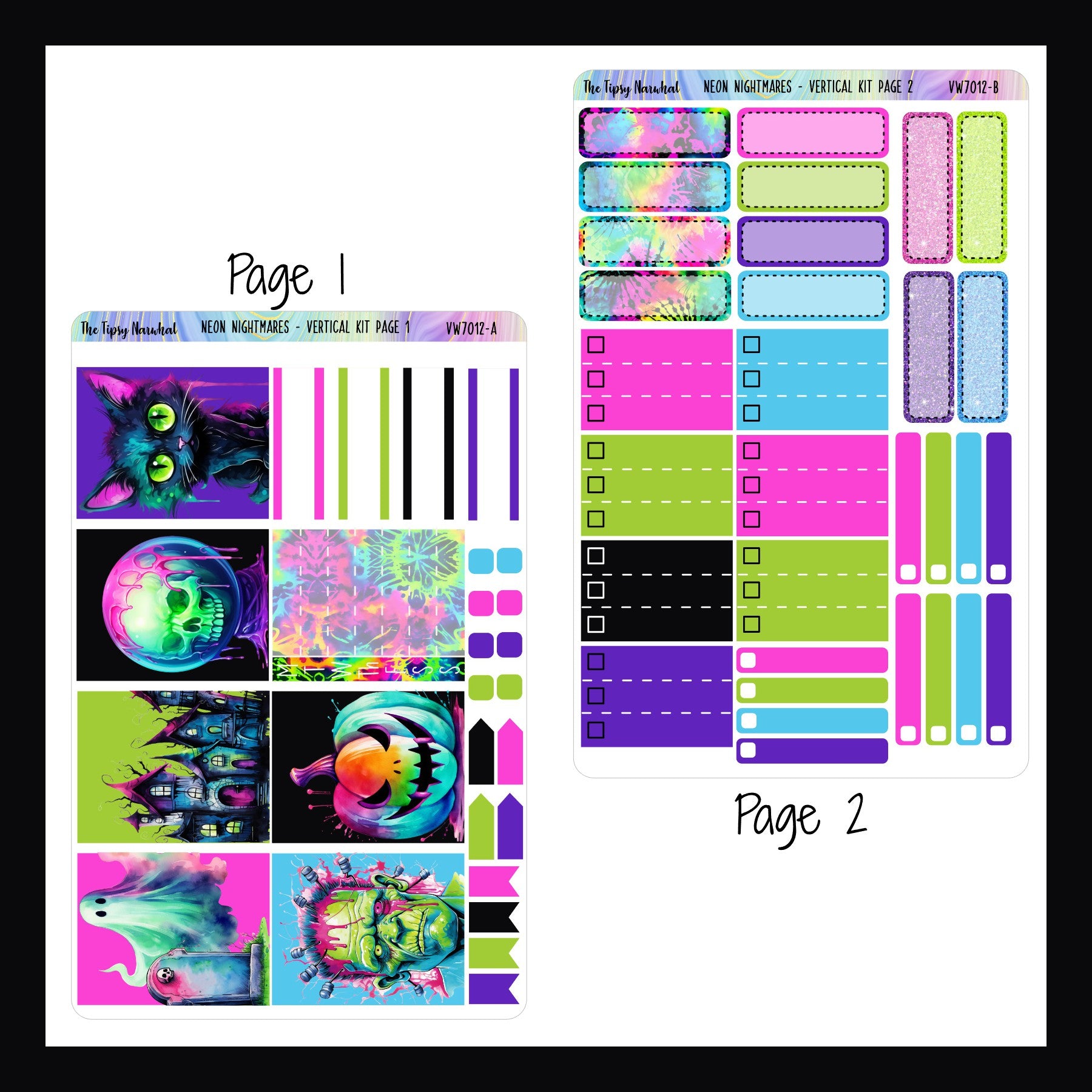 Neon Nightmares Vertical Kit pages 1 and 2.  Page 1 features full box door, a weekly sticker, page flags and appointment boxes.  Page 2 features appointment box stickers, skinny checkbox stickers, and 3 check box stickers.