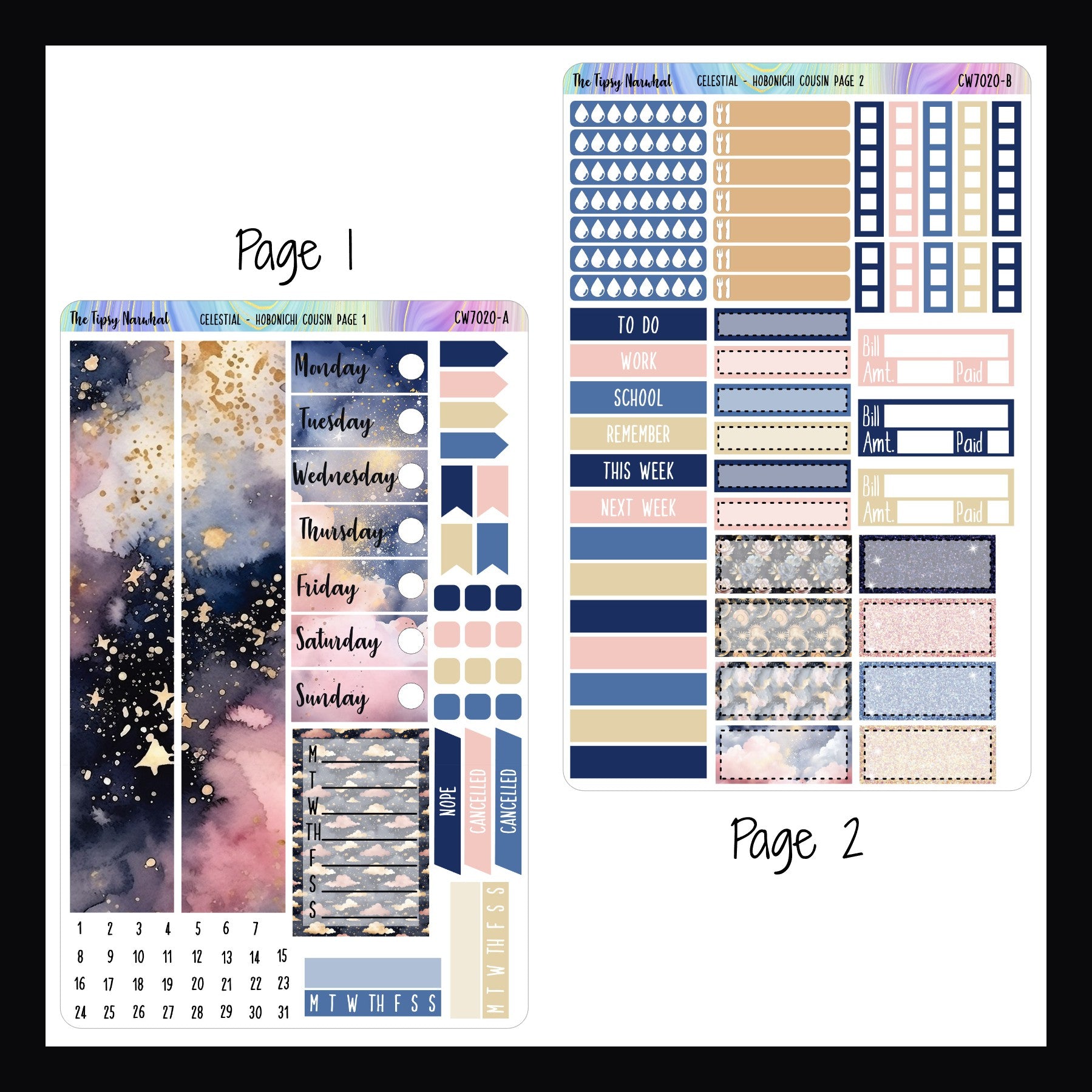 Celestial Hobonichi Cousin Kit Pages 1 and 2 on white background. Page 1 features full sized washi, date covers and various flag stickers. Page 2 features quarter boxes, tracking stickers and headers.