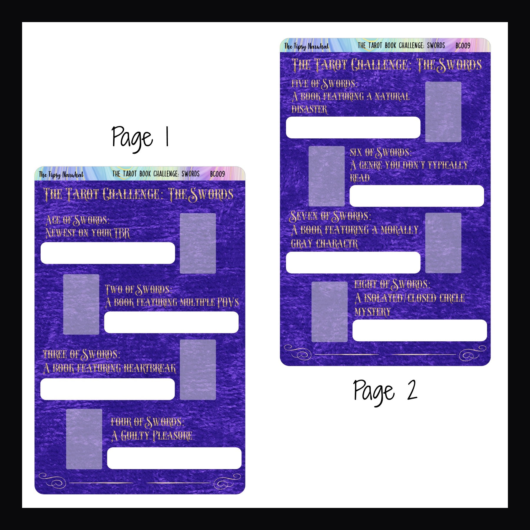 The Tarot Book Challenge: Swords pages 1 & 2.  Both pages feature 4 book prompts, space to write in the book info, and a spot to place the corresponding card sticker when the book is complete.