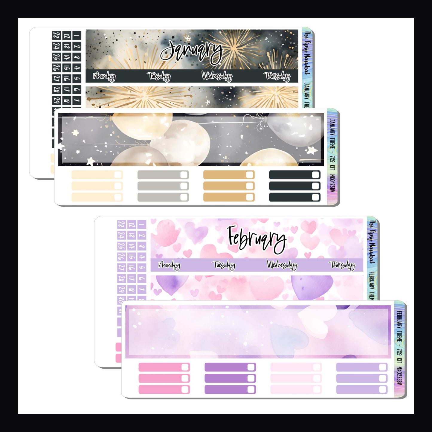 January and February Themed Monthly Kits for 7x9 vertical planners. January features a new year celebration theme in a gold, grey, and black color palette. February features a pastel heart theme in pinks and lavenders.