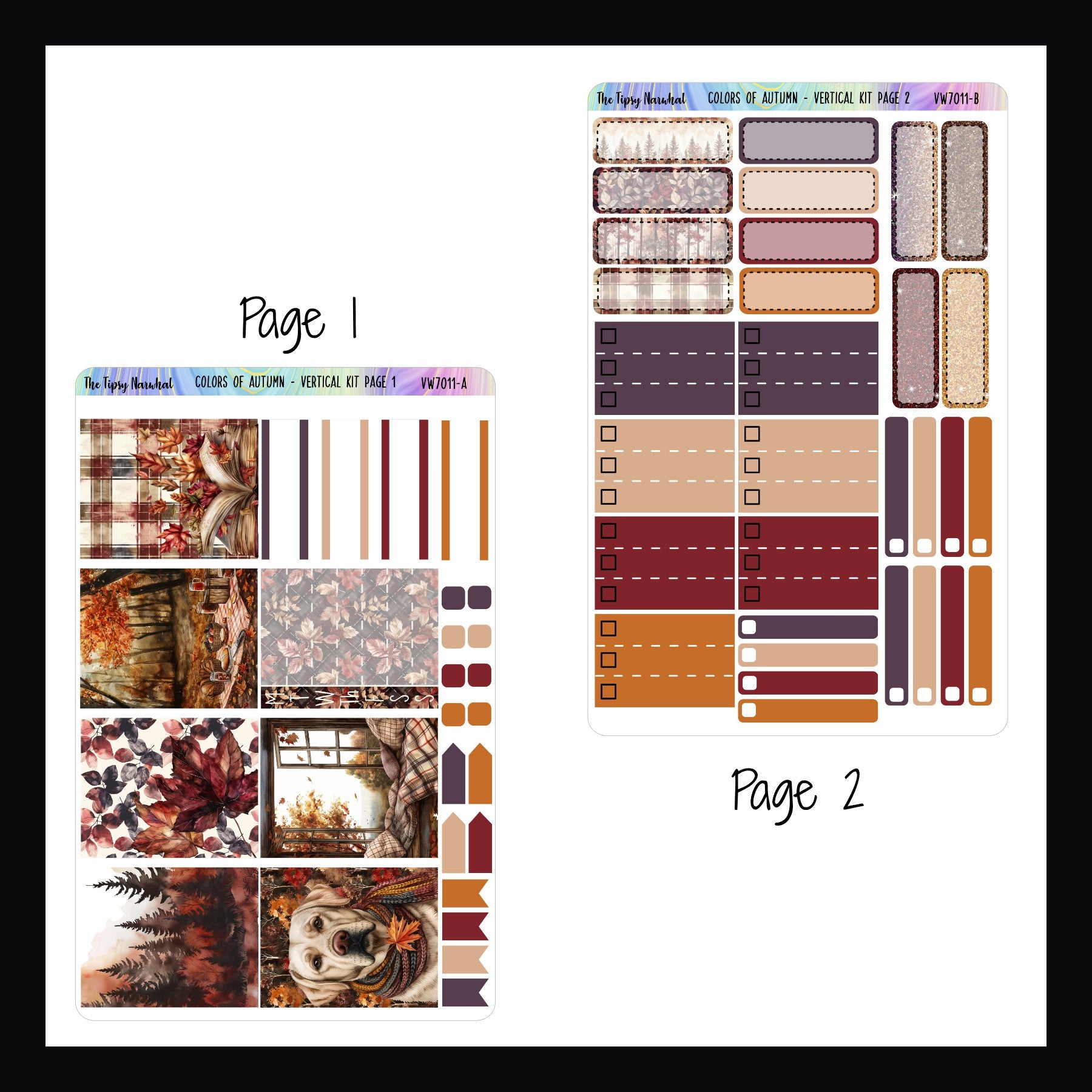 Colors of Autumn Vertical Weekly Kit pages 1 and 2.  Page 1 features deco boxes, a weekly sticker, appointment stickers and page flags.  Page 2 features quarter boxes, top 3 checklist boxes, and skinny checklist boxes.