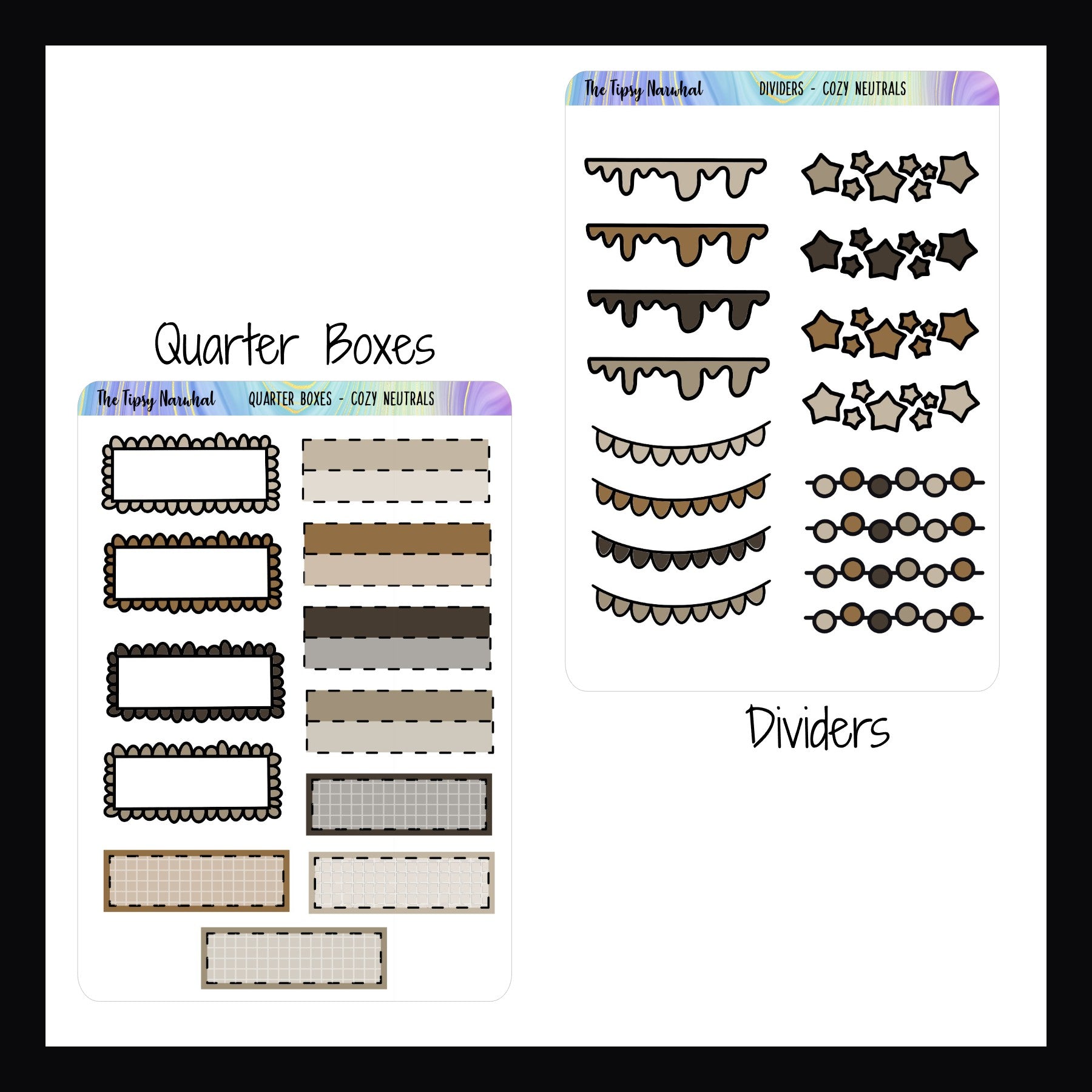 Cozy Neutrals Quarter Boxes and Divider sticker sheets.
