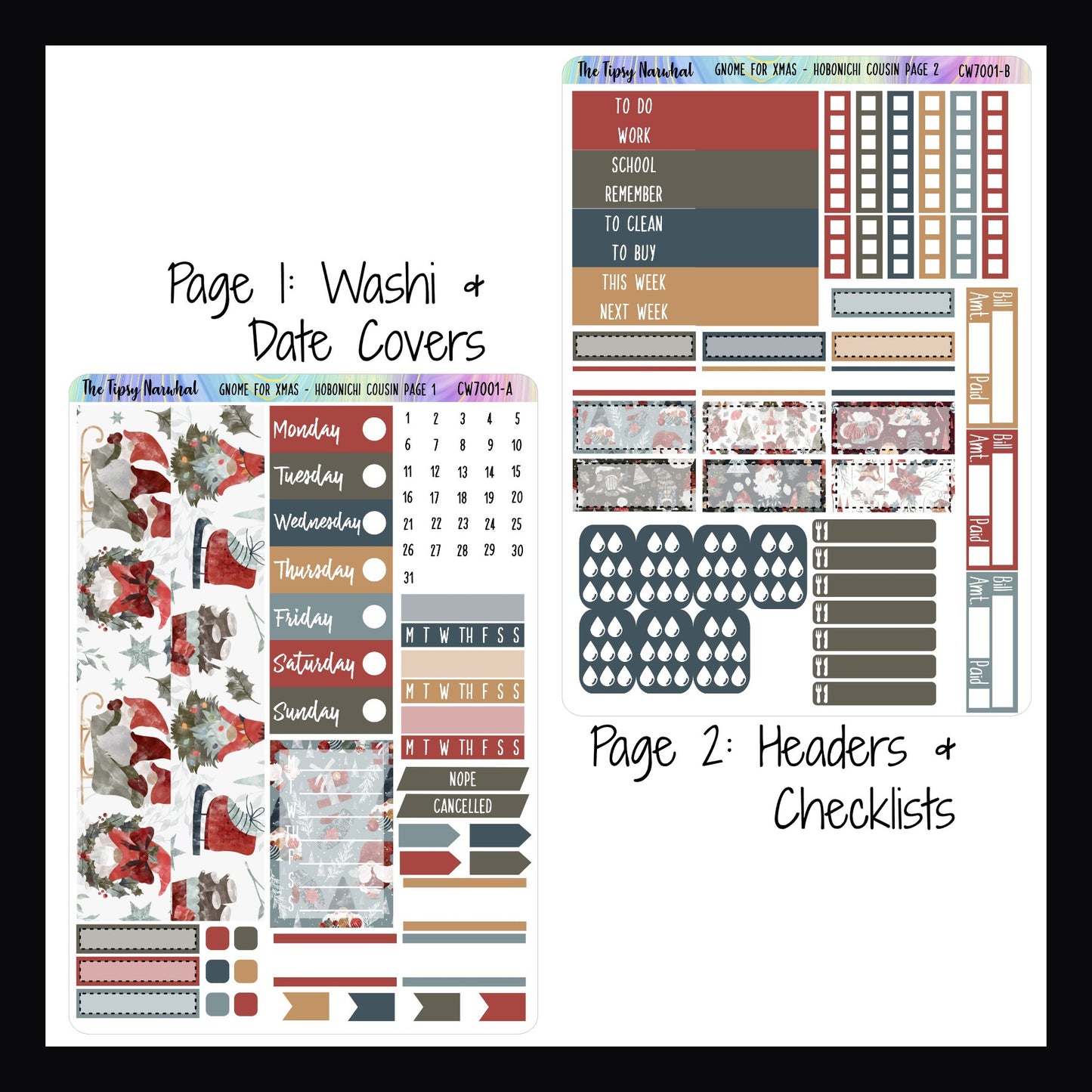 Gnome for Christmas Hobonichi Cousin kit pages 1 and 2. Page 1 features washi strips and date covers. Page 2 features hydration tracking, meal planning and various header stickers.