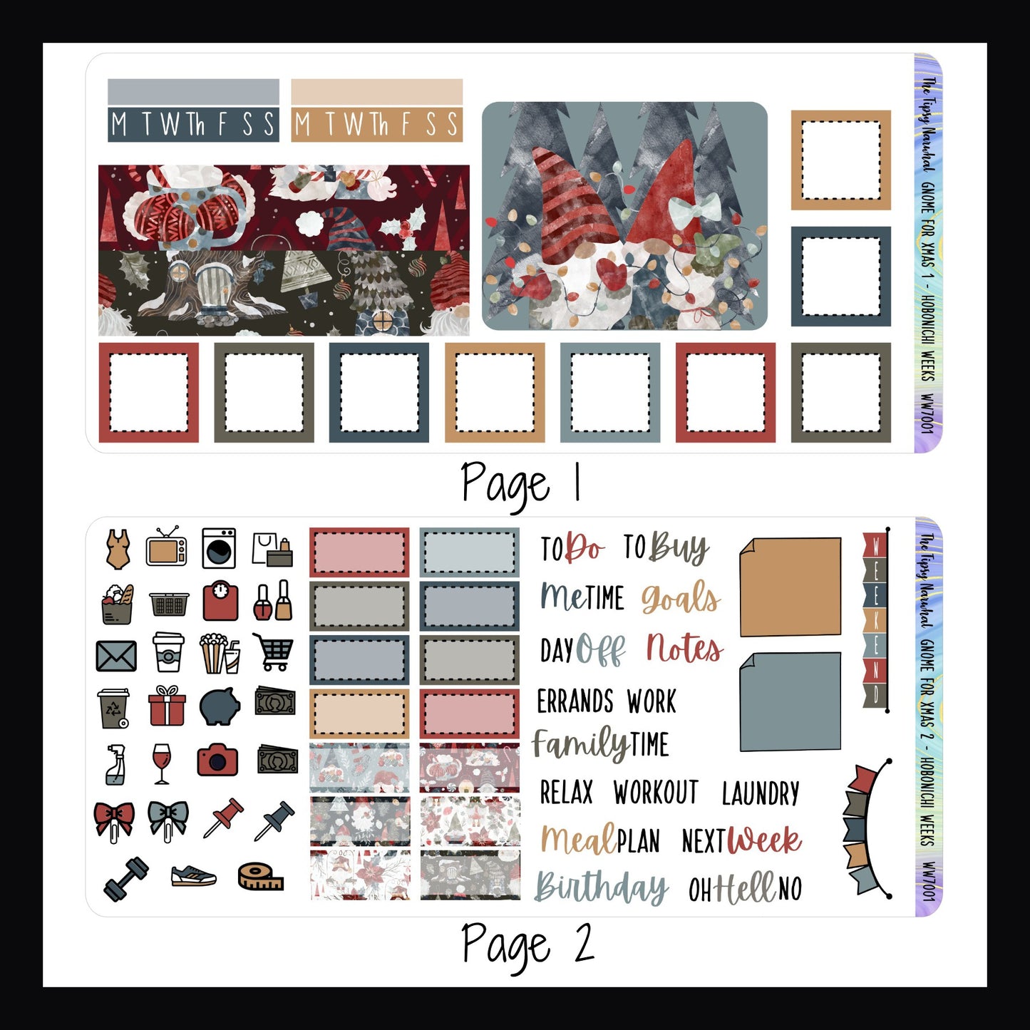 Gnome for Xmas Hobonichi Weeks Kit Pages 1 and 2, page 1 features square boxes, habit trackers, washi strips and decorative box sticker. Page 2 features daily icons, appointment boxes, script stickers, weekend banner and sticky note style stickers