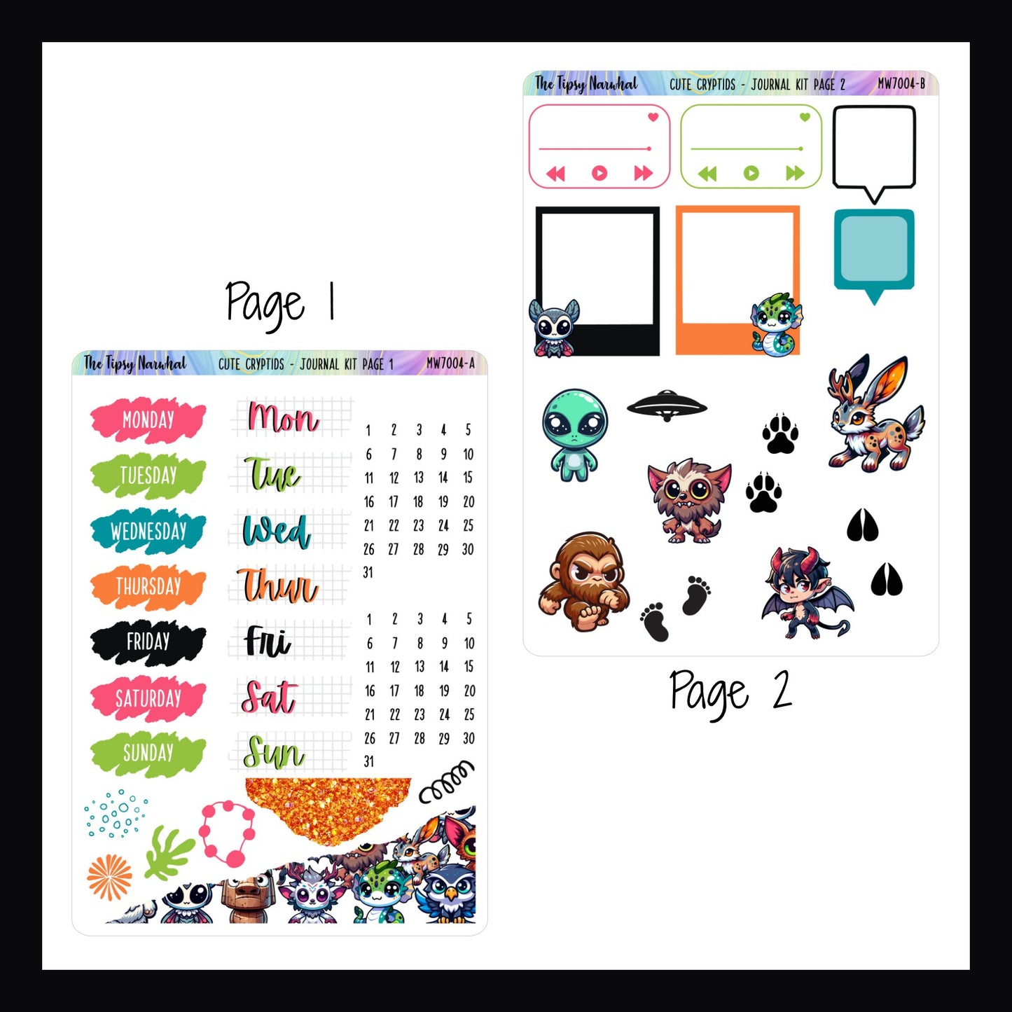 Digital Cute Crytpids Journal Kit pages 1 and 2. Page 1 features date covers, some scribble stickers and torn stickers. Page 3 features playlist stickers, speech bubbles, photo frame stickers and some decor stickers.