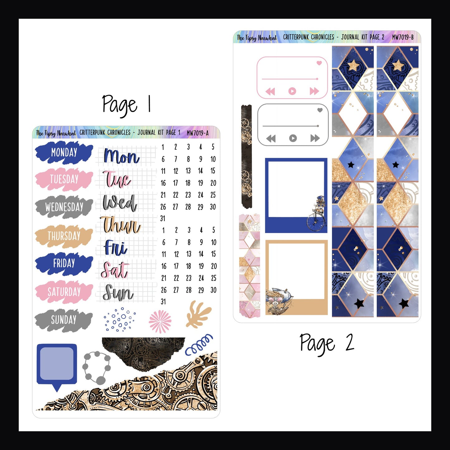 Critterpunk Chronicles Journal Kit pages 1 and 2. Page 1 features date covers, speech bubble, ripped stickers and small scribble style stickers. Page 2 features washi, photo frames, and playlist stickers.