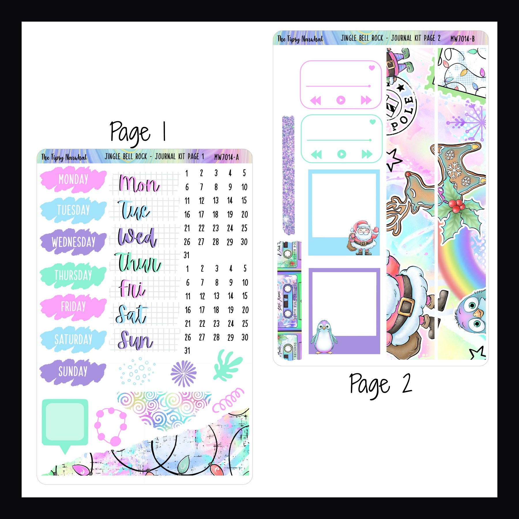 Jingle Bell Rock Journal Kit pages 1 and 2.  Page 1 features ate covers, ripped and scribble style stickers.  Page 2 features holiday themed washi, photo frame stickers, and playlist stickers.