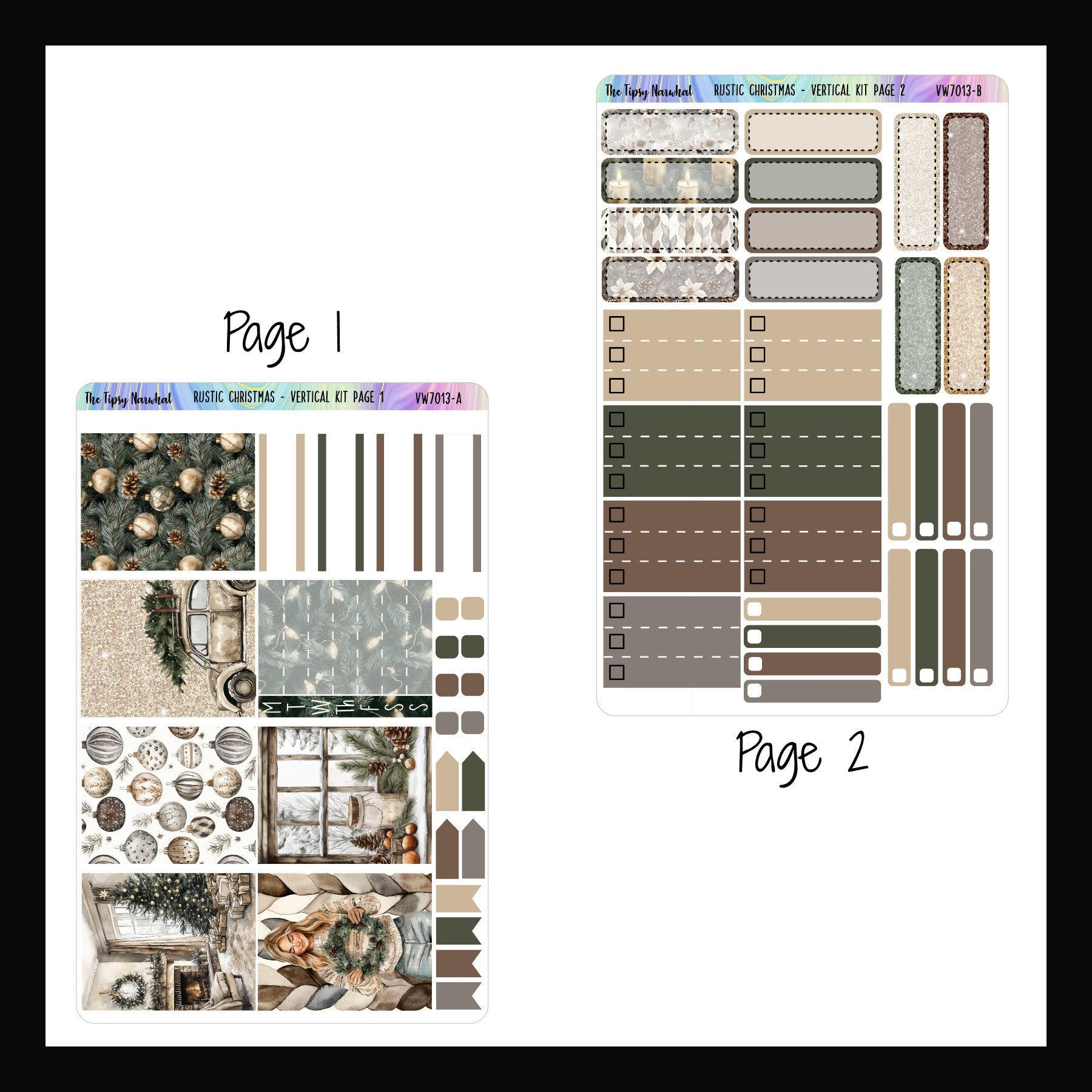 Rustic Christmas Vertical Kit Pages 1 and 2.  Page 1 features full box decor, a weekly sticker, page flags, check boxes and some quarter boxes.  Page 2 features quarter box stickers, skinny check stickers and top 3 priority boxes.