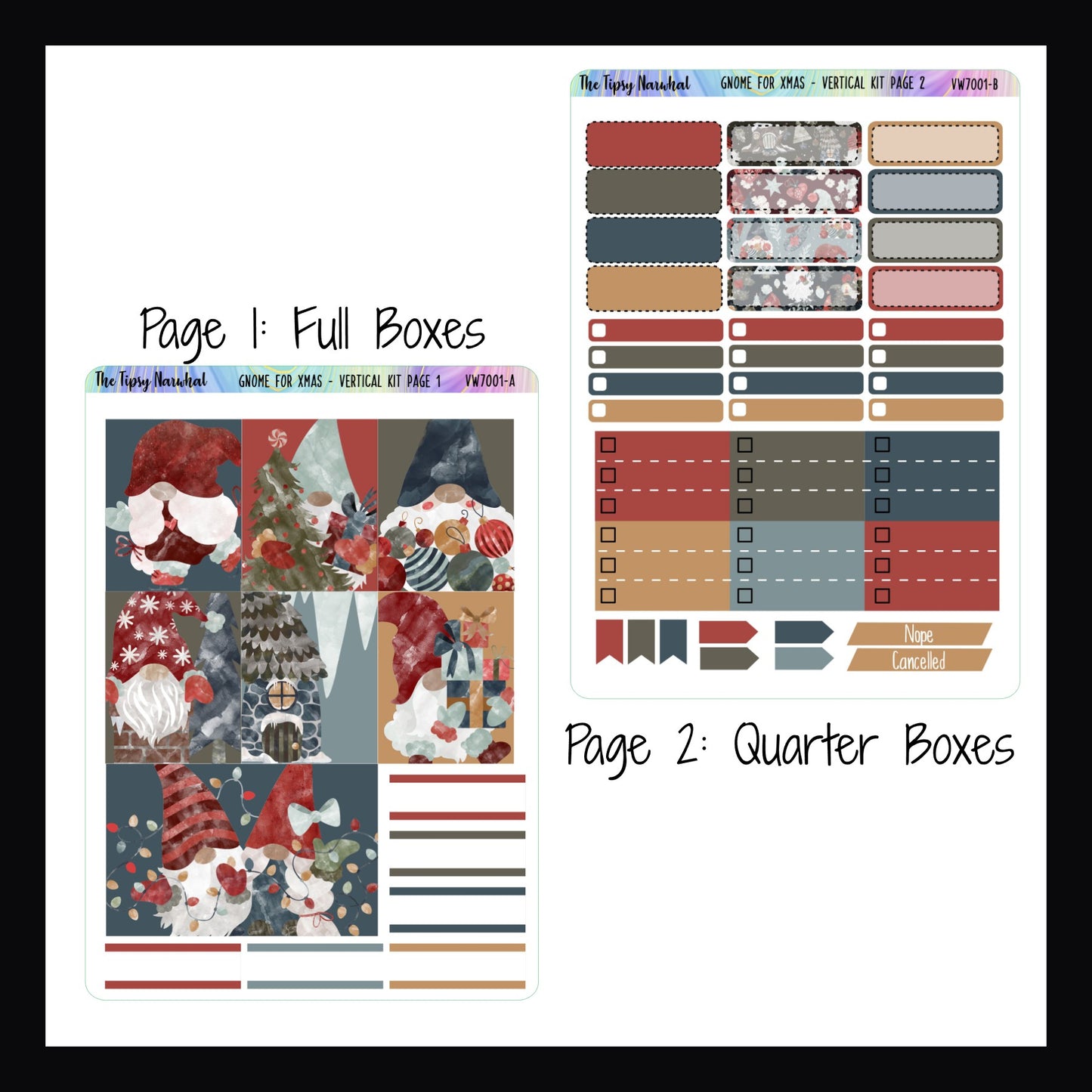 Gnome for Xmas vertical weekly kit pages 1 and 2. Page 1 features full size decor boxes and several appointment stickers. Page 2 features appointment boxes, skinny check box stickers, half box sized checklist stickers cancellation stickers and flags.